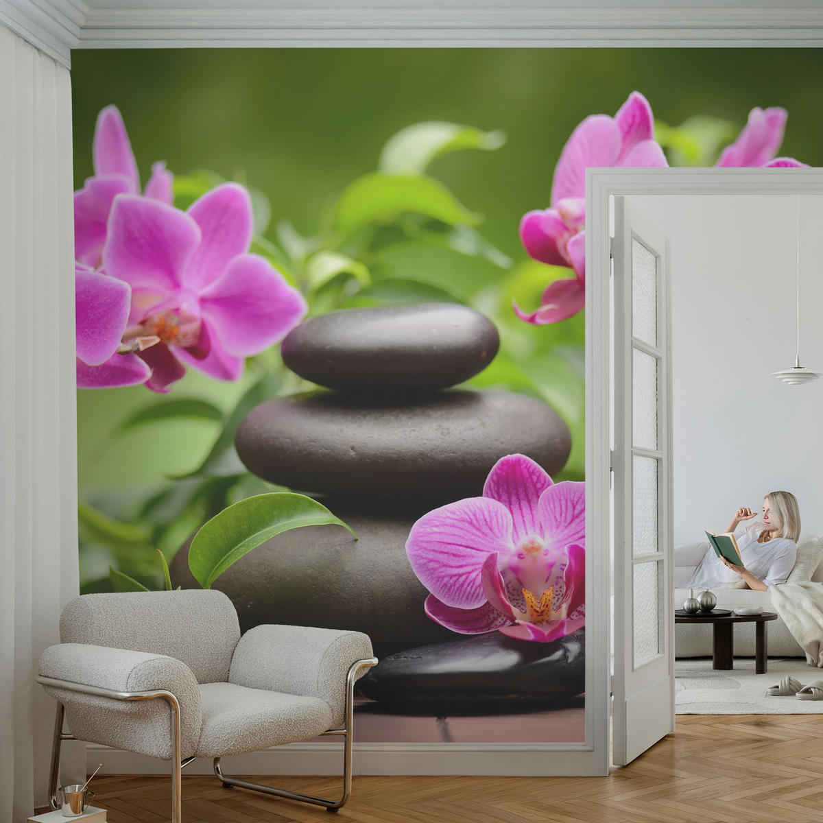 FOTOTAPETE 152x104 cm - Orchideensteine - Grün, Textil (152/104cm) - Wallfluent