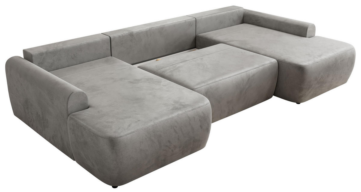 WOHNLANDSCHAFT CUBO U Hellgrau Velvet - Hellgrau/Schwarz, Kunststoff/Textil (370/100/187cm) - MKS