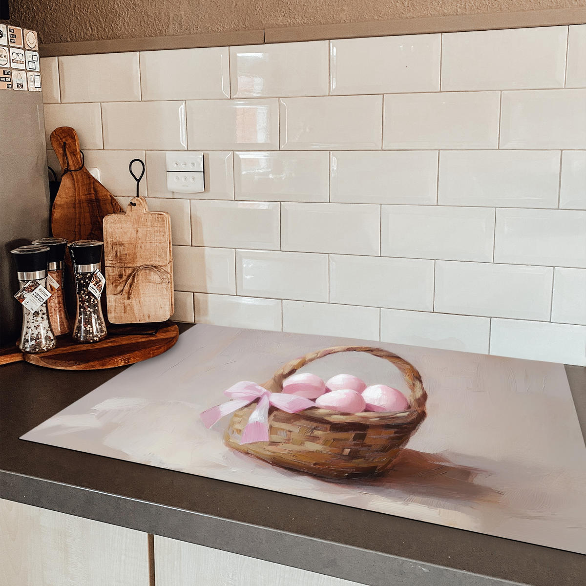 HERDABDECKPLATTE Korb - Eier - Rosa Induktionsschutz 81.6x52.7 cm - Beige, Kunststoff (81.6/52.7/0.2cm) - MuchoWow