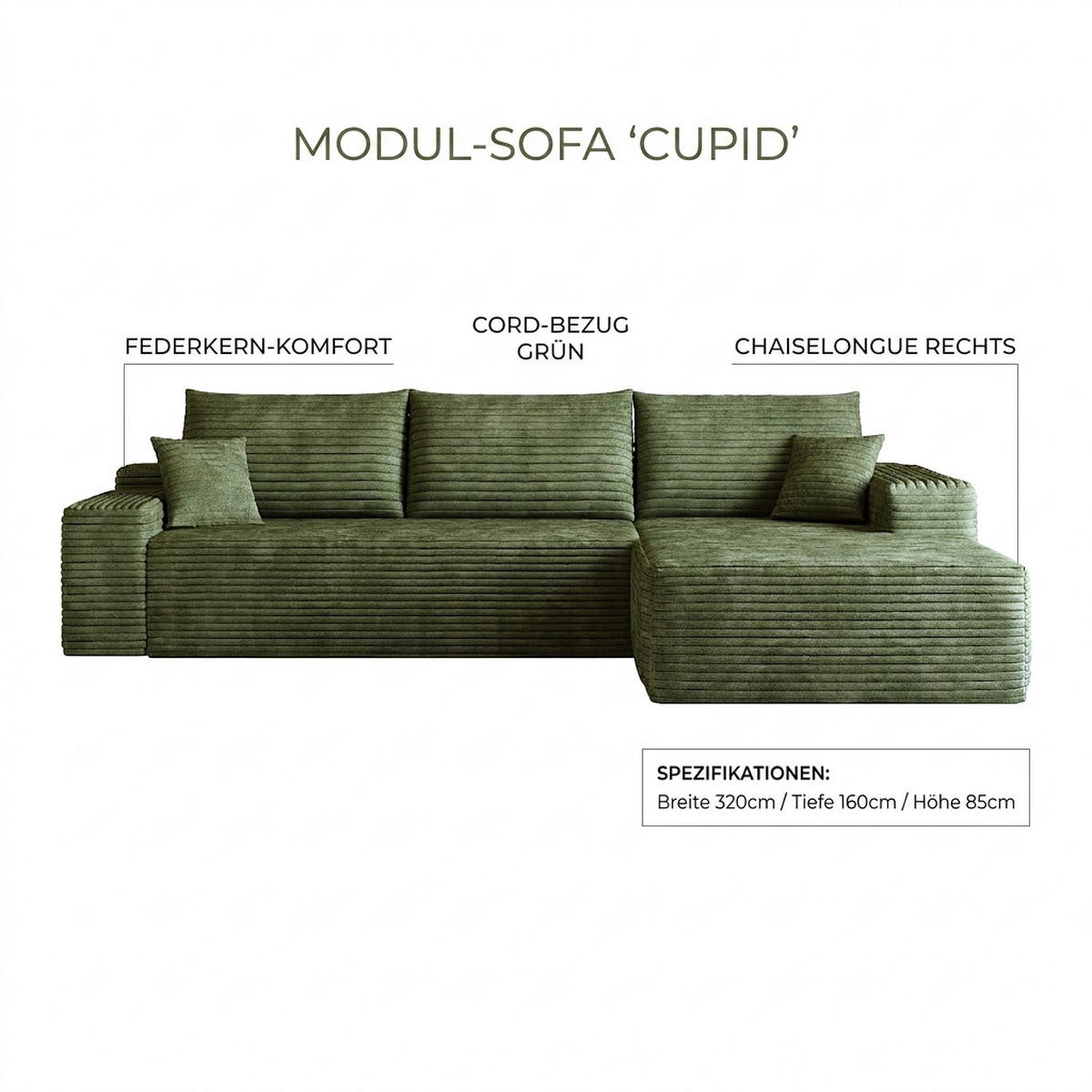 ECKSOFA 270/175/83 cm Grün Cord mit Chaiselongue, Rechte Seite - Grün, Textil (270/175cm) - Oxeza