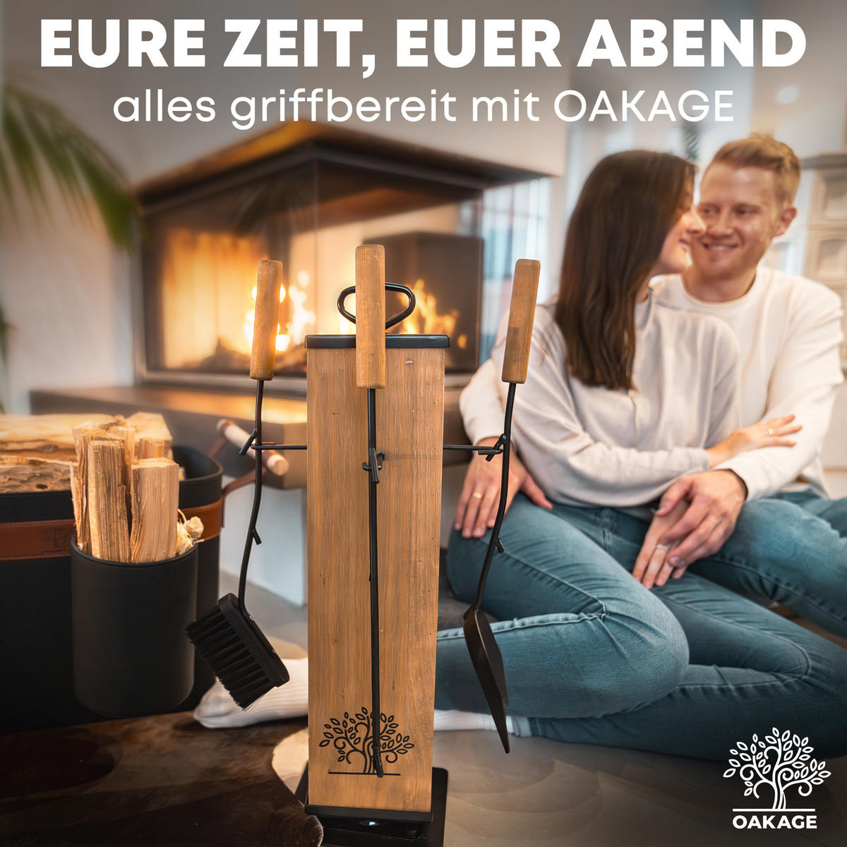KAMINBESTECK FireMaster mit Zündholzkorb aus Filz - Dunkelgrau, Holz/Kunststoff (18/58/18cm) - OAKAGE