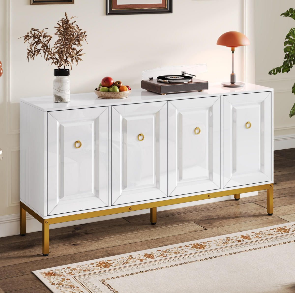 SIDEBOARD in Hochglanz Weiß mit goldenen Metallbeinen und eleganten Ringgriffen, 140/40/80 cm, Weiß/Gold - Weiß, Holzwerkstoff (140/80/40cm) - Redom