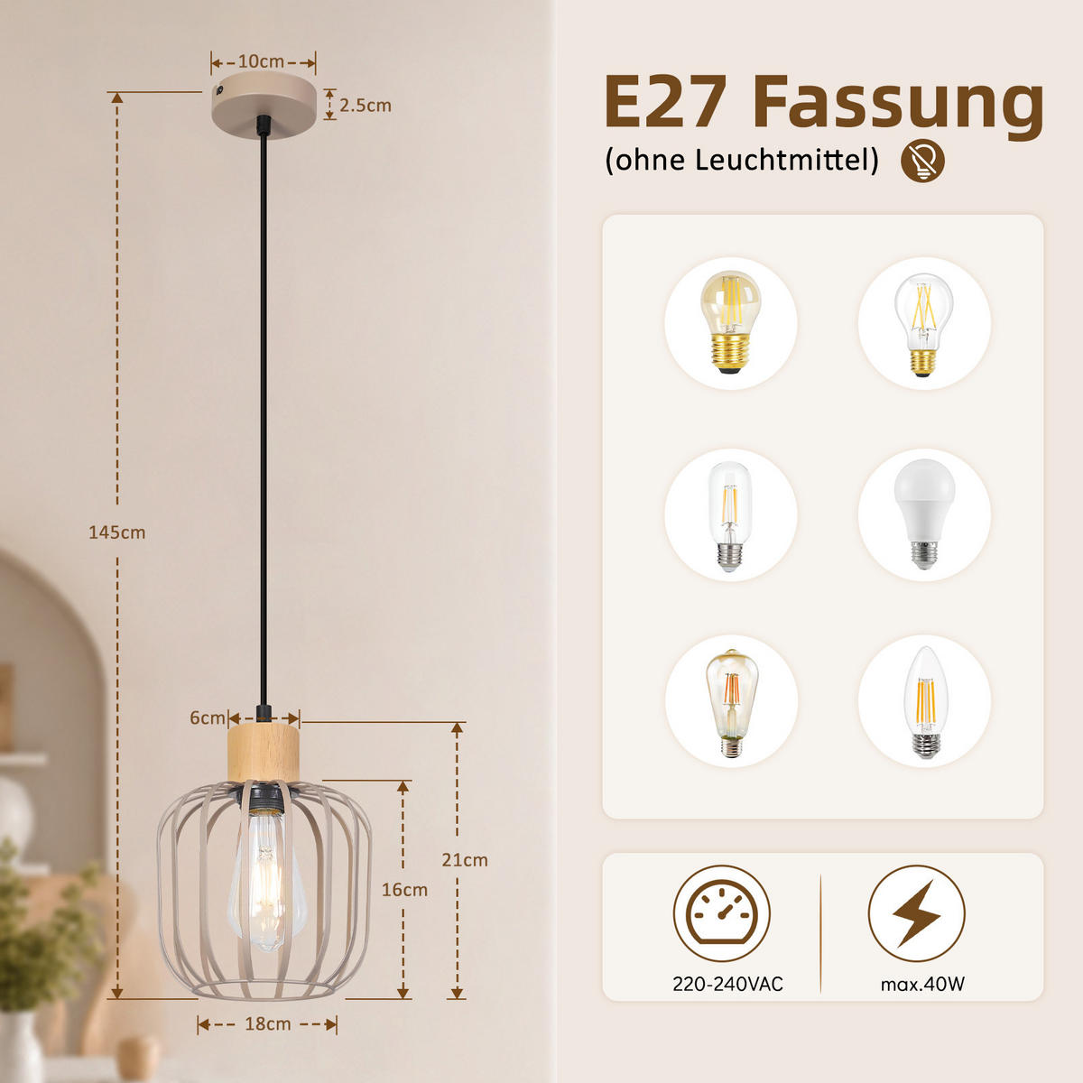 PENDELLEUCHTE Xylvin 18/10/145 cm - Grau, Holz/Metall (18/10/145cm) - ZMH