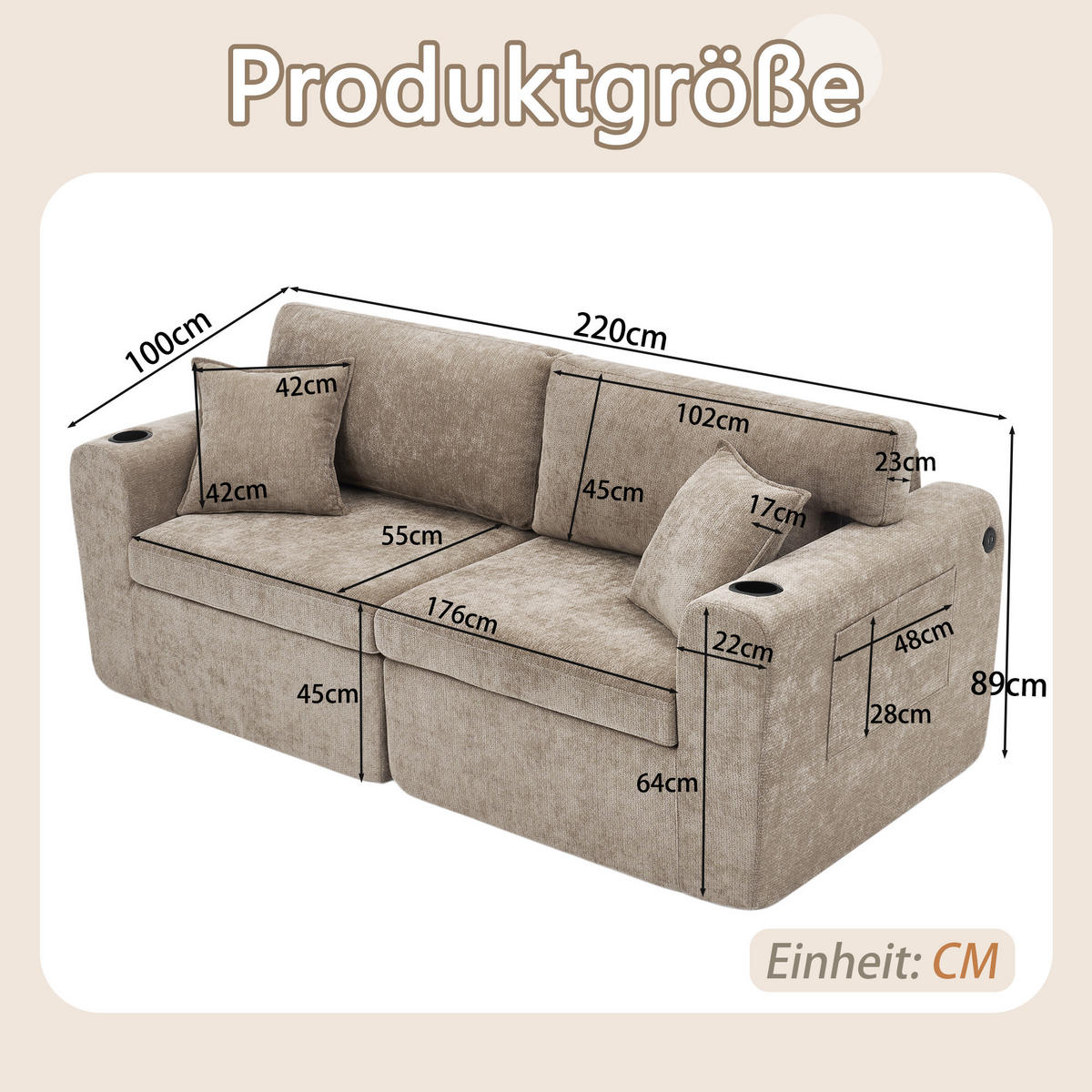 2-SITZER SOFA Chenille Braun mit USB, Getränkehalter, Tasche und Kissen - Braun, Textil (220/89/100cm) - WISHDOR