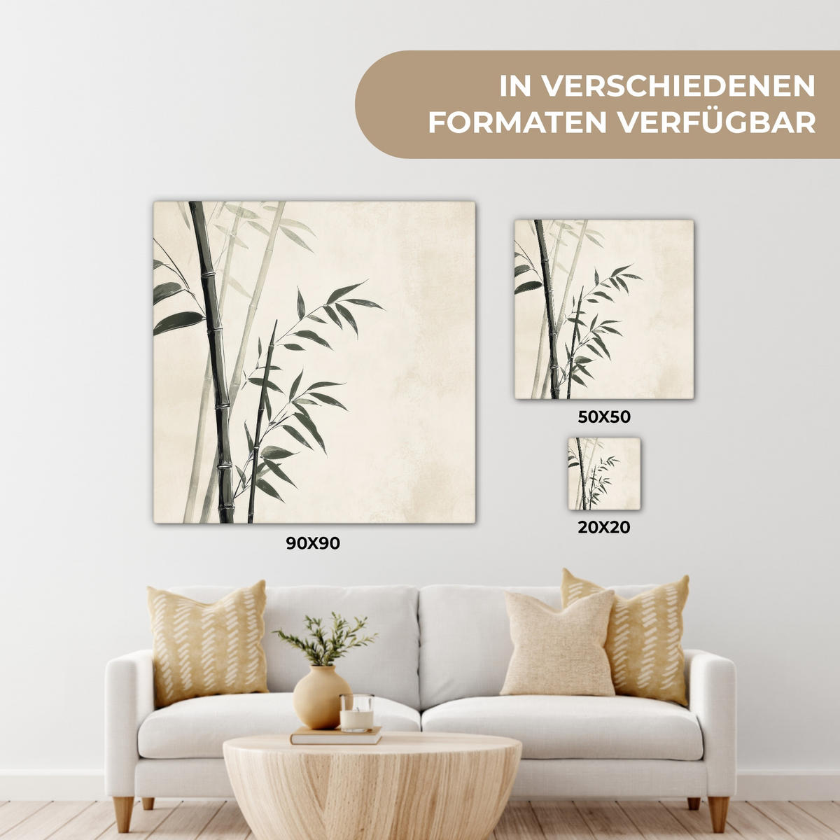 LEINWANDBILD Japandi - Bambus - Beige 90x90 cm - Eukalyptusholzfarben, Textil (90/90cm) - MuchoWow