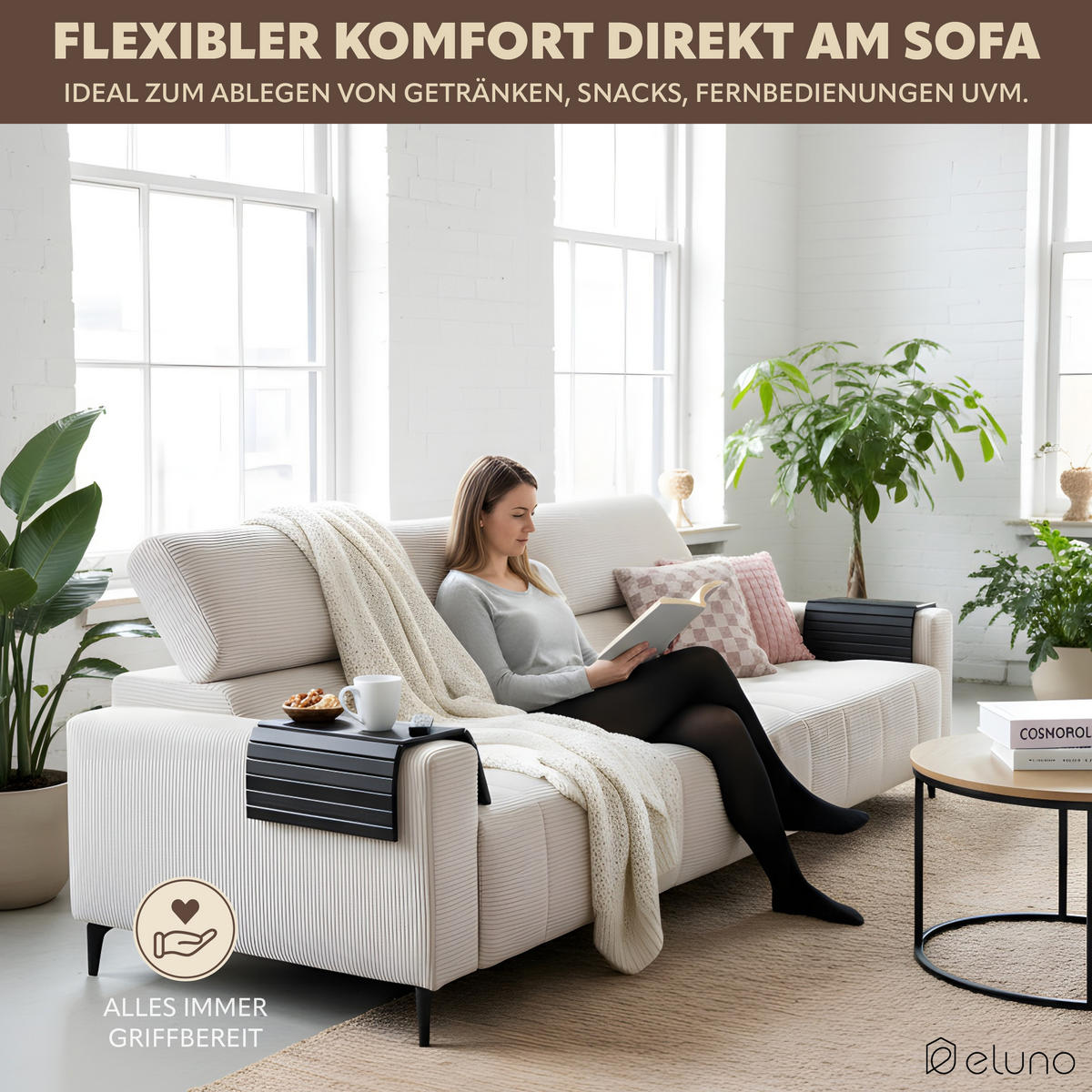 ARMLEHNEN-SOFATABLETT mit rutschfester Silikonablage, Bambus, schwarz - Schwarz, Naturmaterialien (47/1/34cm) - eluno