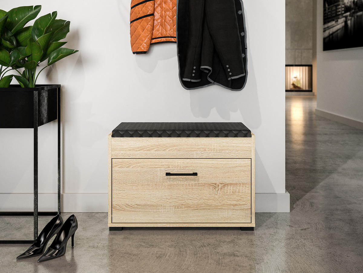 SCHUHBANK Caro Sonoma Eiche hell / schwarz 70 / 34 / 48cm - Schwarz/Braun, Holz/Holzwerkstoff (70/48/34cm) - Feldmann-Wohnen