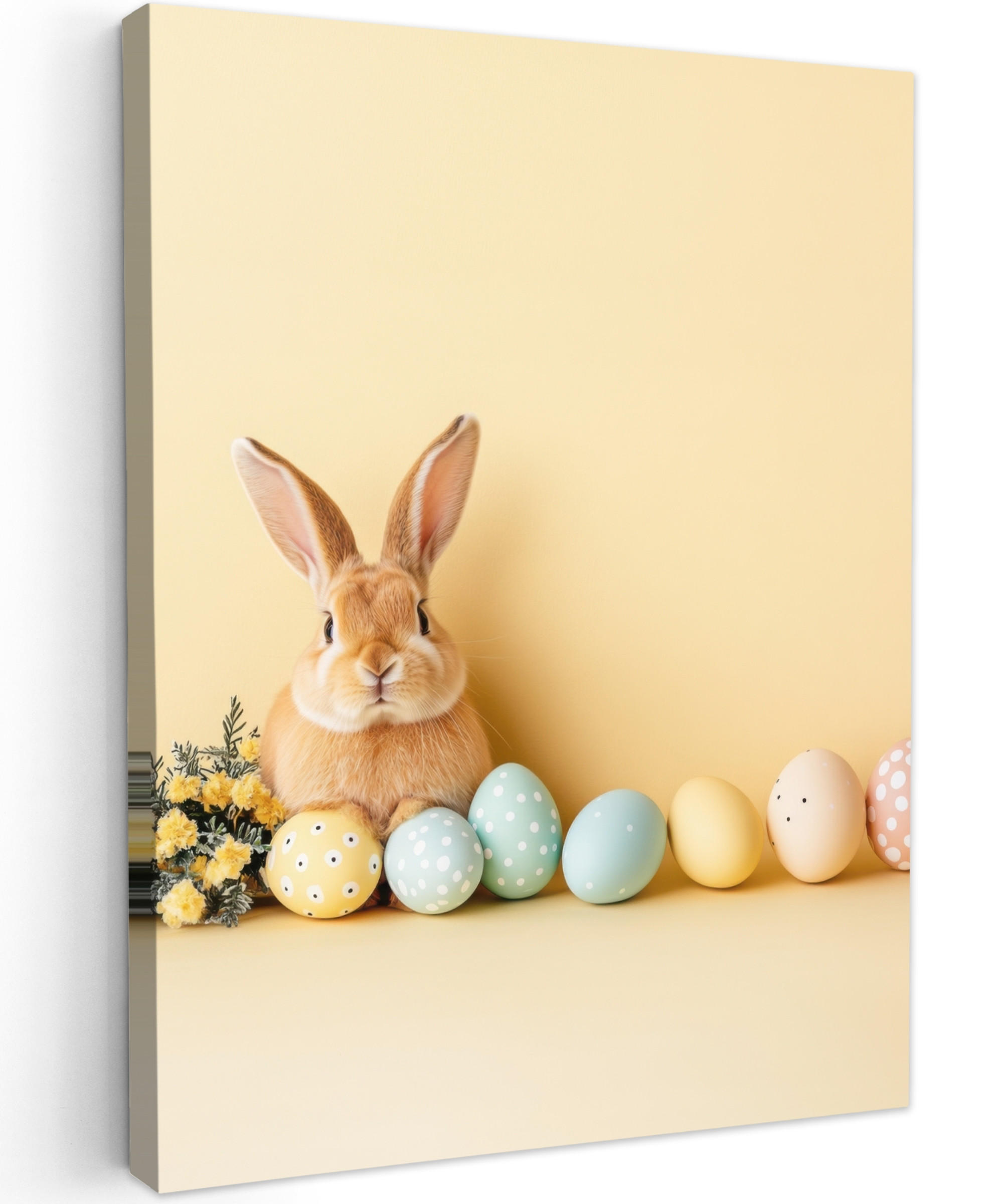 LEINWANDBILD Eier - Kaninchen - Pastellfarbtöne Wandbild Wohnzimmer 60x80 cm - Hellgelb, Textil (60/80cm) - MuchoWow