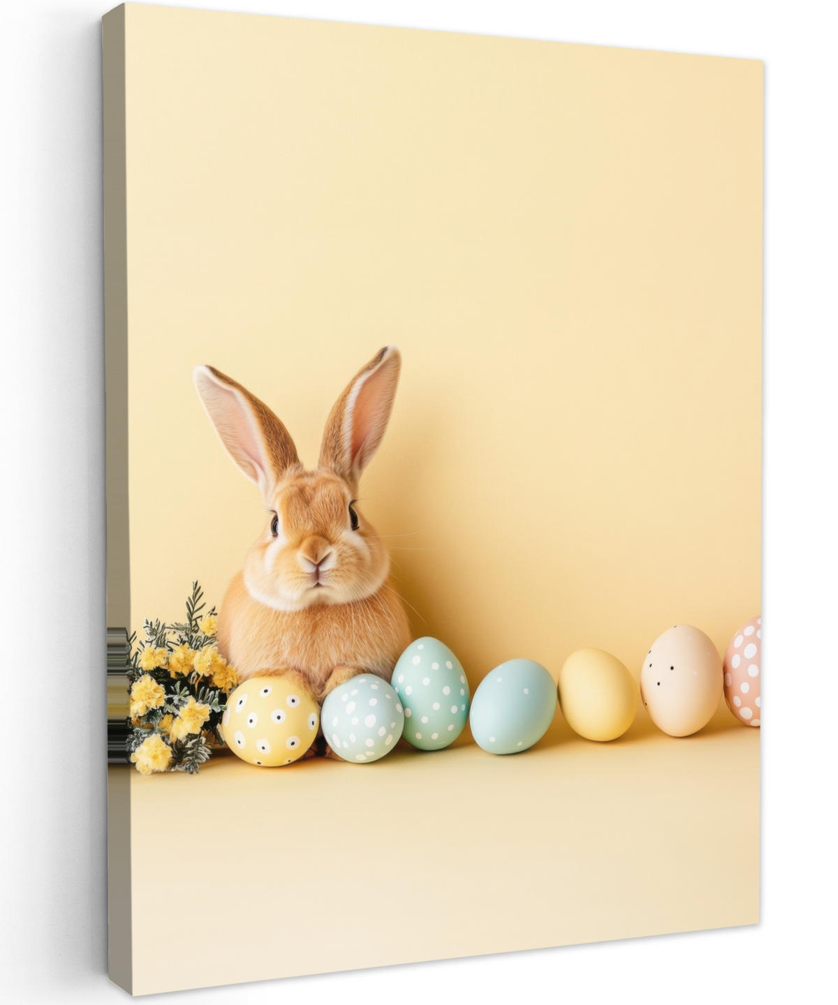 LEINWANDBILD Eier - Kaninchen - Pastellfarbtöne Wandbild Wohnzimmer 60x80 cm - Hellgelb, Textil (60/80cm) - MuchoWow