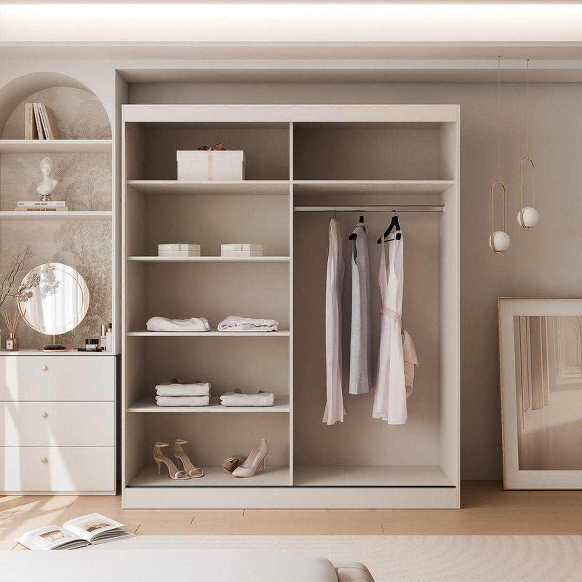 SCHWEBETÜRENSCHRANK CLARITY 2-türig 200/65/215 cm Kaschmir / schwarze Griffe - Kaschmir/Schwarz, Holzwerkstoff/Kunststoff (200/215/65cm) - Idohome