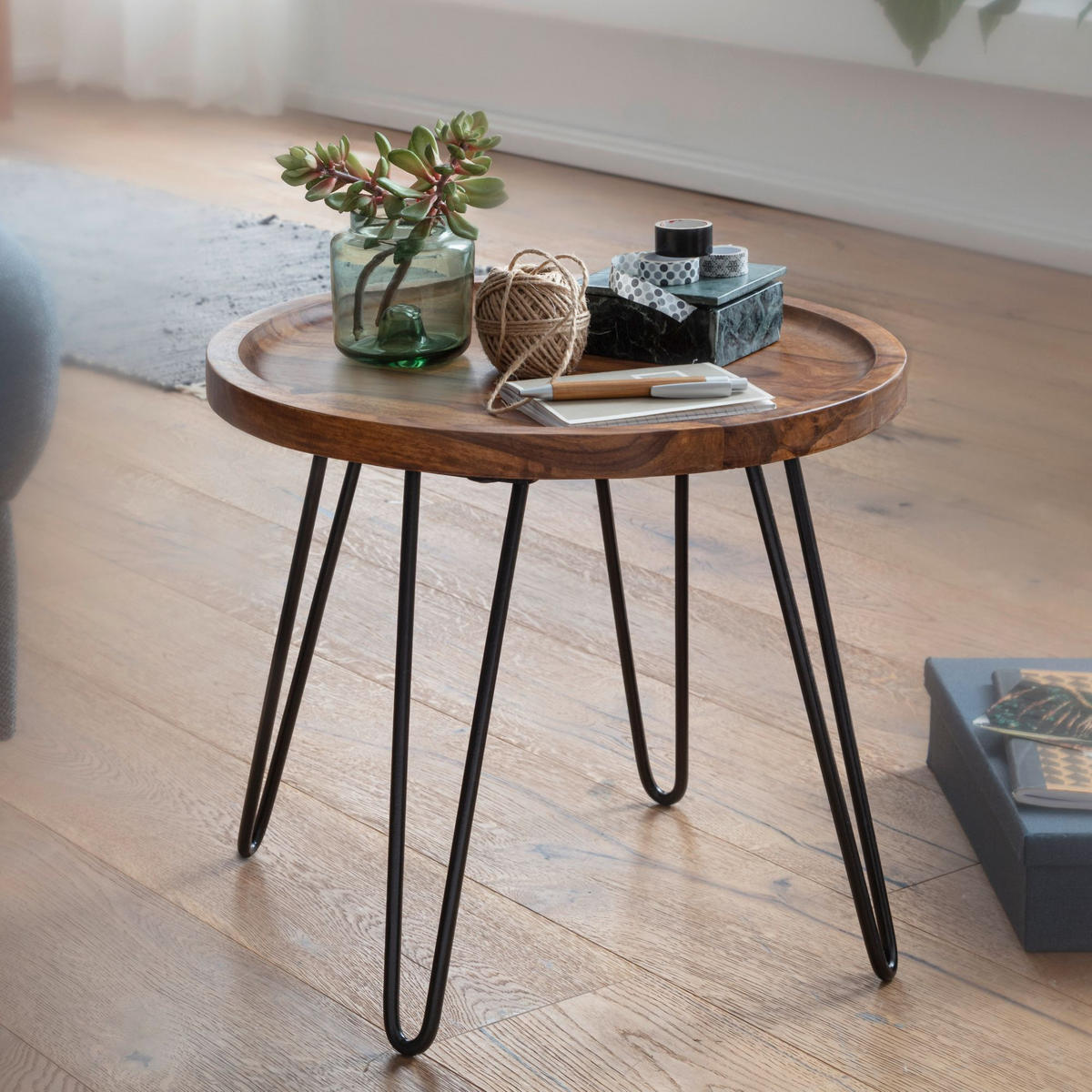 COUCHTISCH in Braun, Sheeshamholz mit Haarnadelbeinen, Modernes Design - Schwarz/Braun, Holz/Metall (41/45/40cm) - KADIMA DESIGN