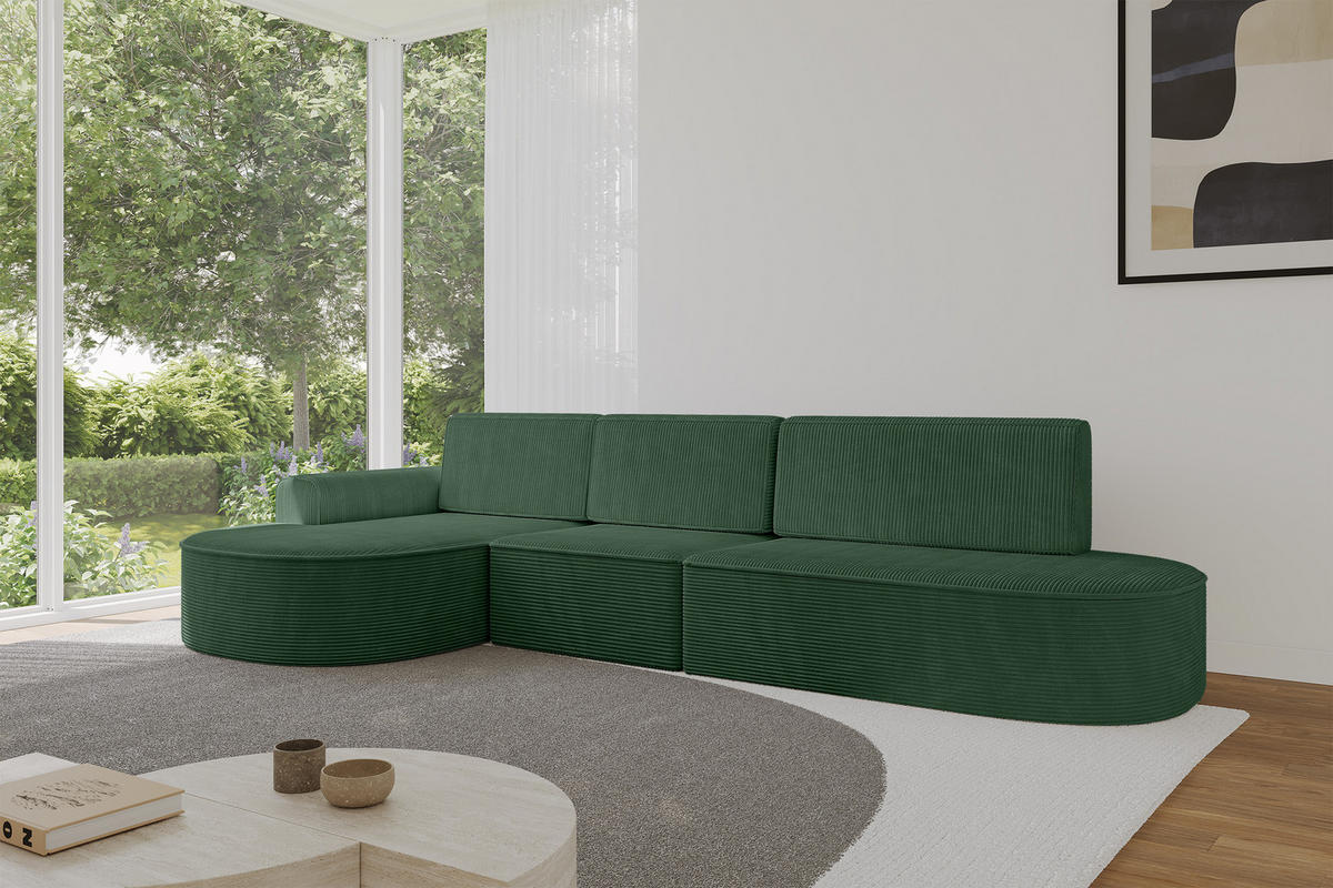 ECKSOFA mit Schlaffunktion Ottomane Links MARI L2-S 368X167X85 Grün Cord - Dunkelgrün/Schwarz, Holzwerkstoff/Kunststoff (368/167cm) - ALTDECOR