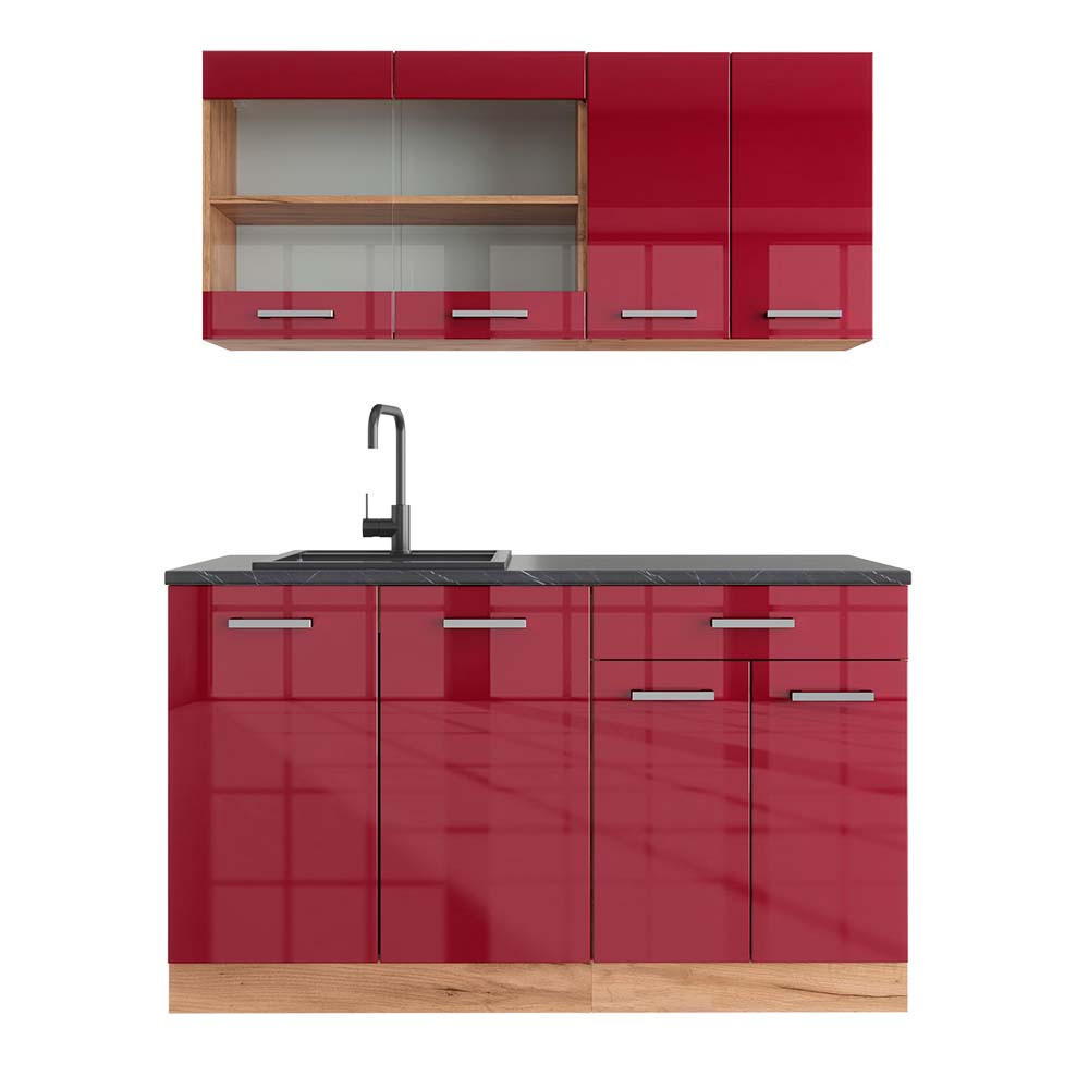SINGLEKÜCHE R-Line Rot Hochglanz/Goldkraft Eiche 140 cm , AP Anthrazit - Honigeiche/Rot, Holzwerkstoff (140/81.6/60cm) - Vicco