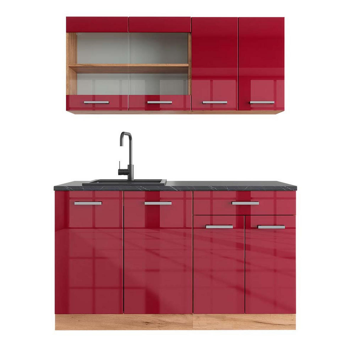 SINGLEKÜCHE R-Line Rot Hochglanz/Goldkraft Eiche 140 cm , AP Anthrazit - Honigeiche/Rot, Holzwerkstoff (140/81.6/60cm) - Vicco