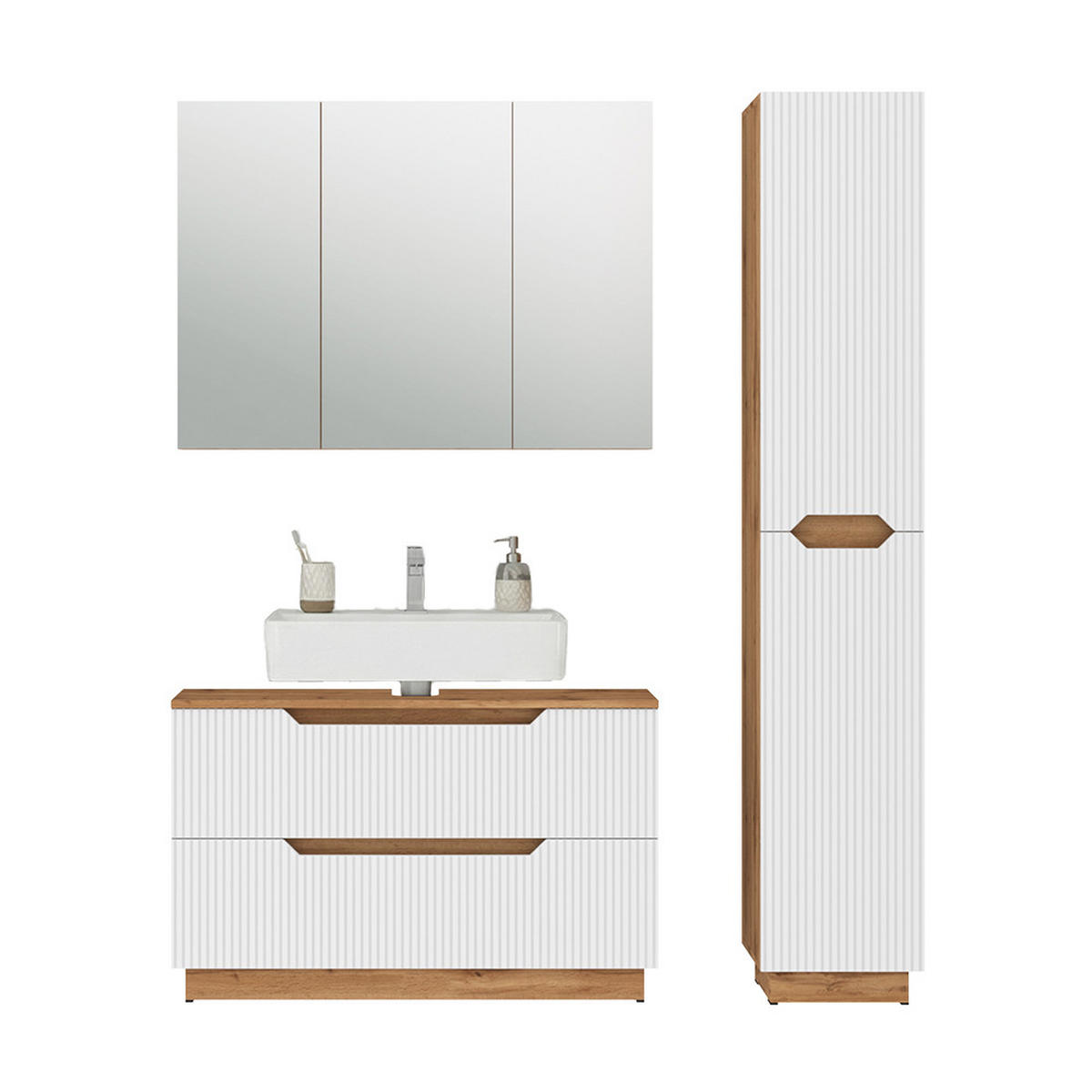 BADMÖBEL-SET Lotta Eiche/weiß gestreift 3 Teile - Eichefarben/Weiß, Holzwerkstoff (99.4/62.5/32cm) - Vicco