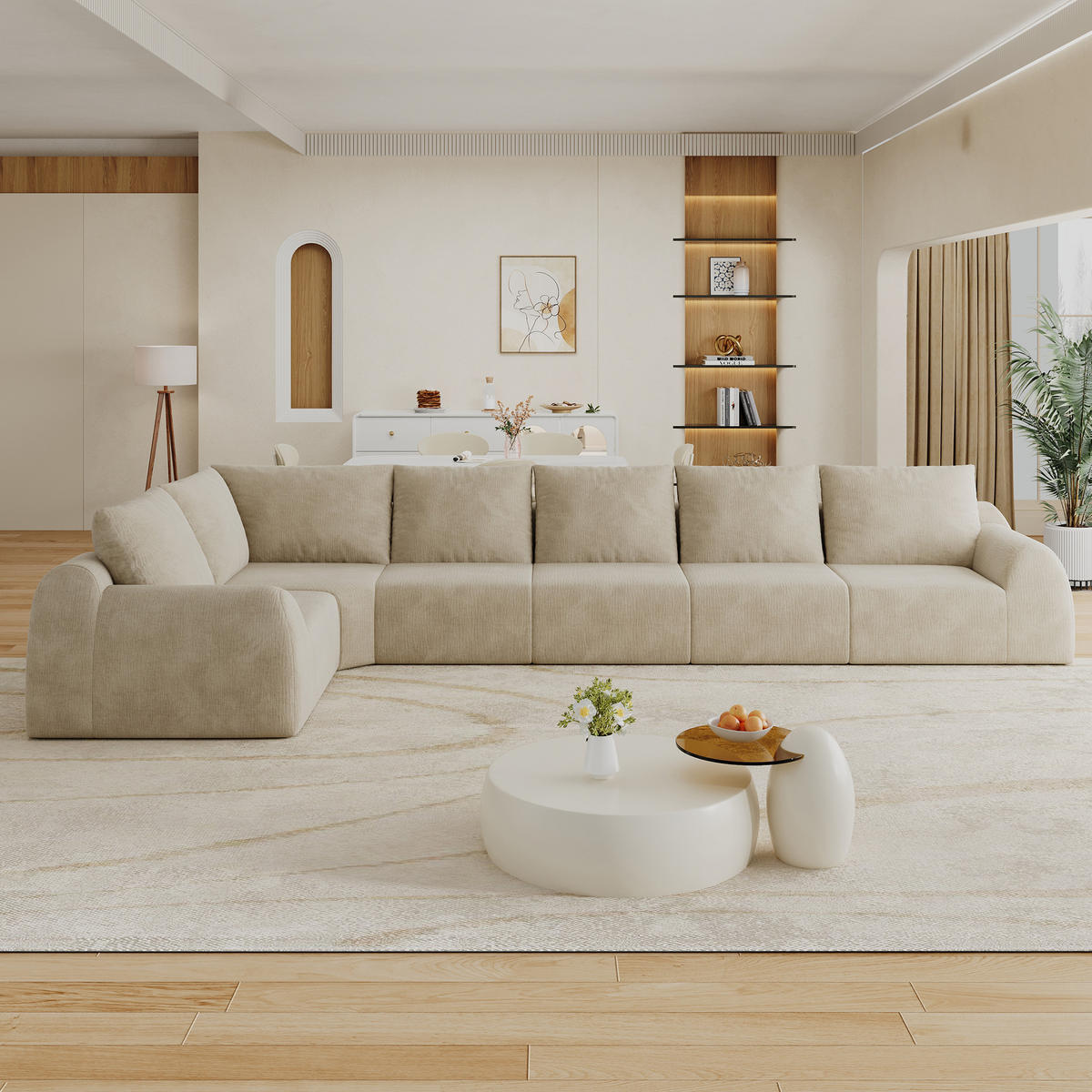 ECKSOFA 401/200/85 cm Khaki Chenille, 6-Sitzer - Sandfarben/Schwarz, Textil (401/200cm) - Oxeza