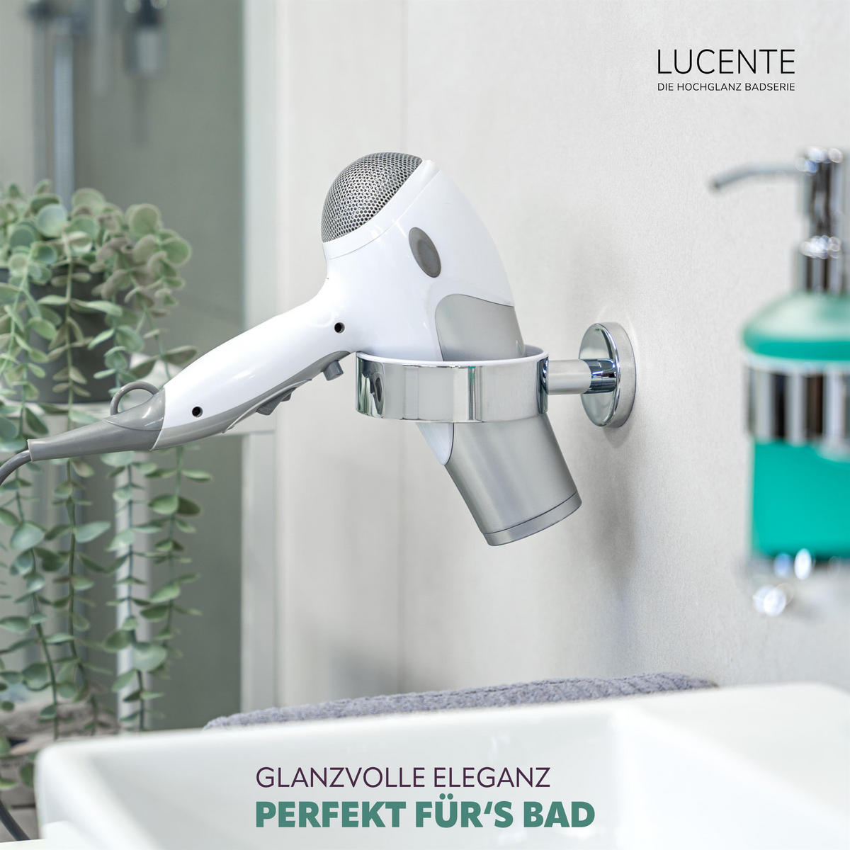 HAARTROCKNERHALTER LUCENTE, Edelstahl - Chromfarben, Metall (10/5.8/14.5cm) - bremermann