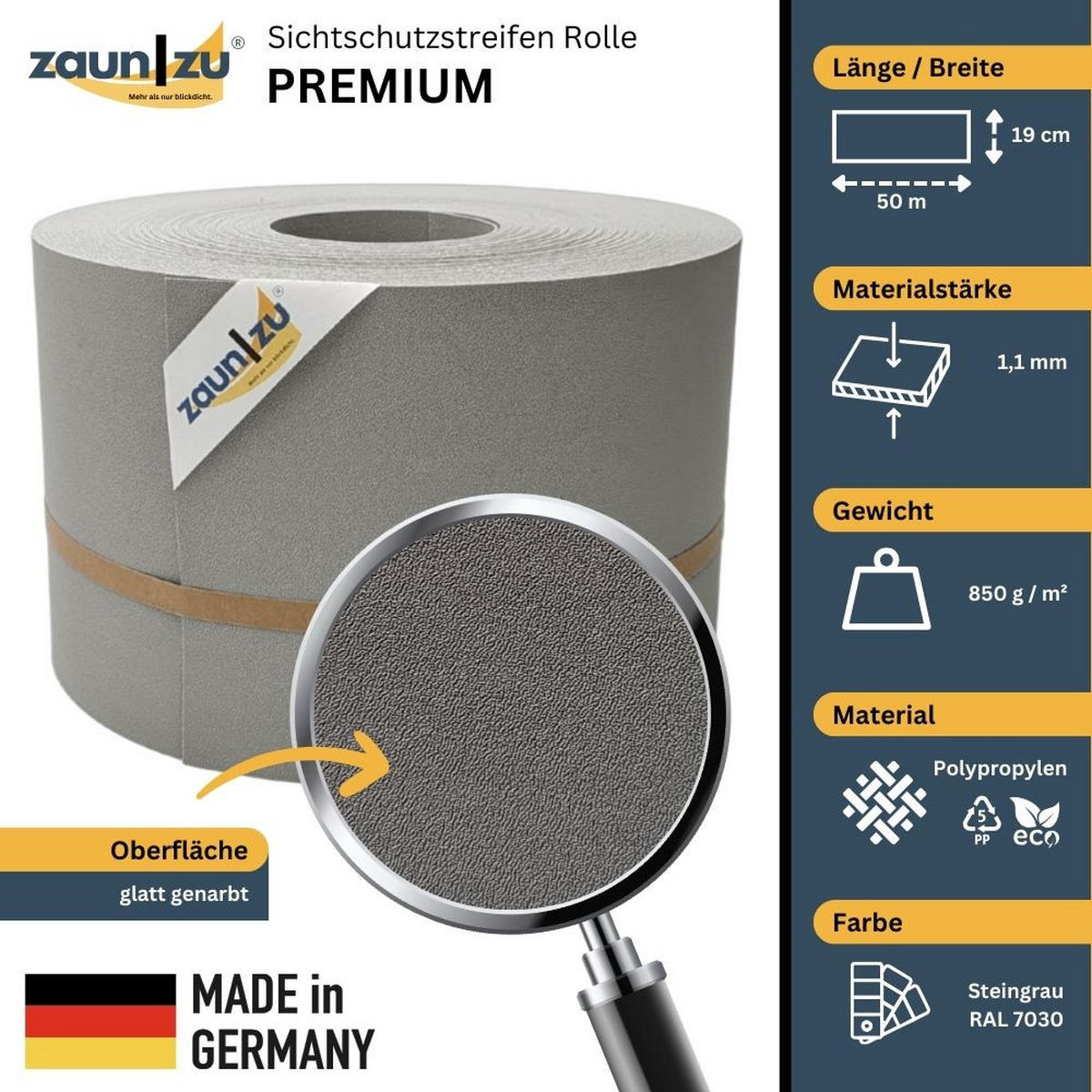 SICHTSCHUTZSTREIFEN Premium für Doppelstabmatten Zaunblende Steingrau, 50m - Graubraun, Kunststoff (5000/19cm) - ZAUN|ZU