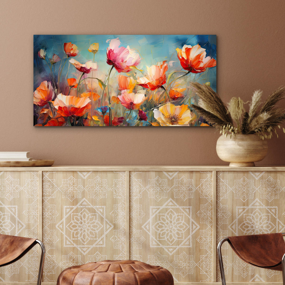 METALLBILD Blumen - Aquarell - Kunst - Botanisch - Natur 80x40 cm - Orange, Metall (80/40cm) - MuchoWow