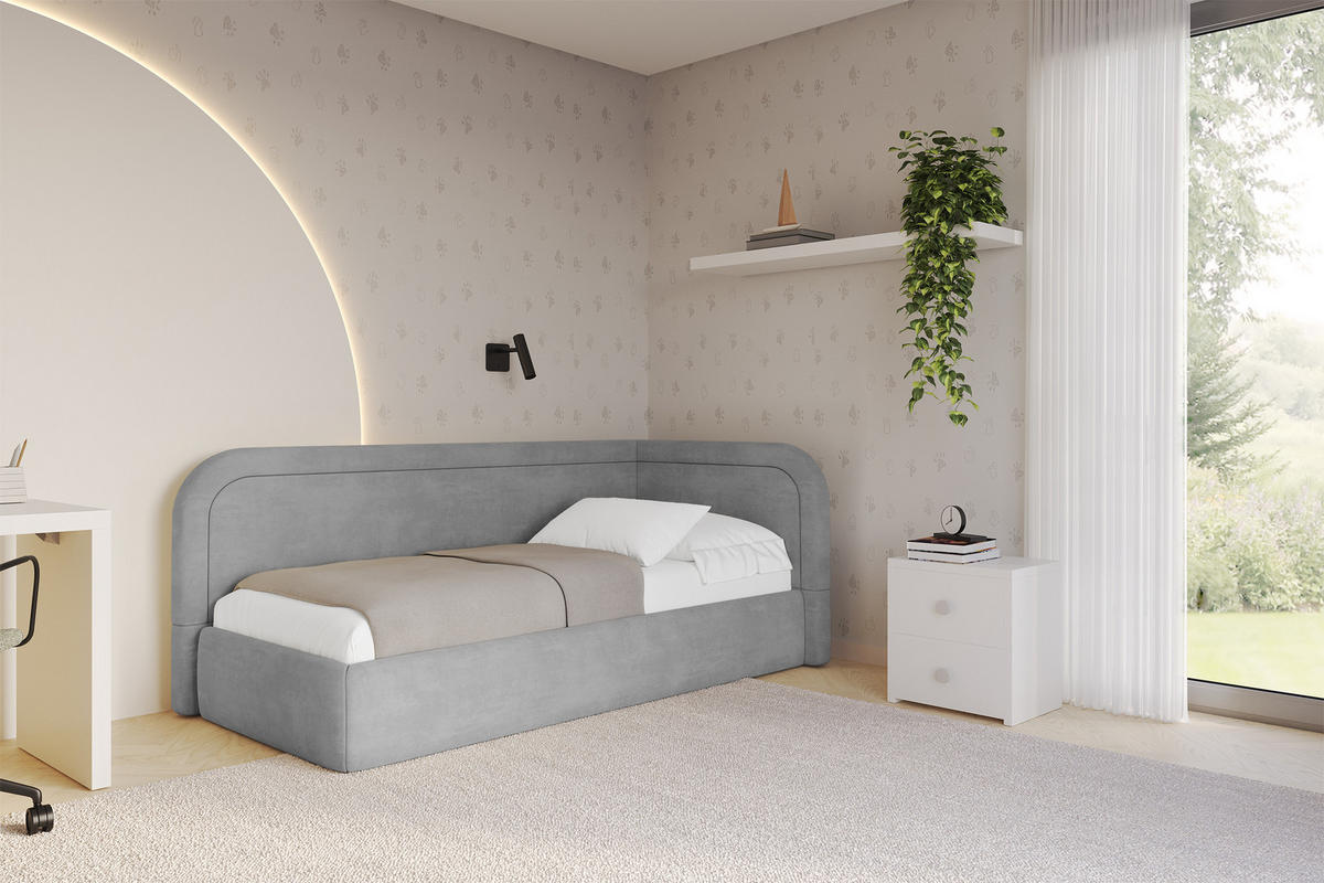EINZELLBETT Jugendbett mit Bettkasten, Links - JOVY 80x200 Grau - Hellgrau, Holzwerkstoff/Textil (80/200cm) - ALTDECOR