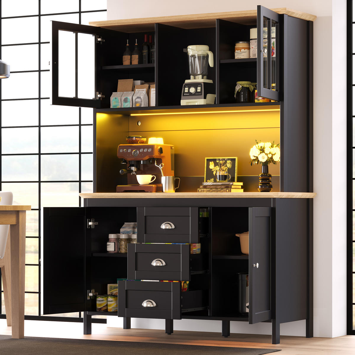 KÜCHENSCHRANK LED 120x40x179Cm 4 Türen 3 Schubladen - Schwarz, Metall (120/179/40cm) - FLIEKS