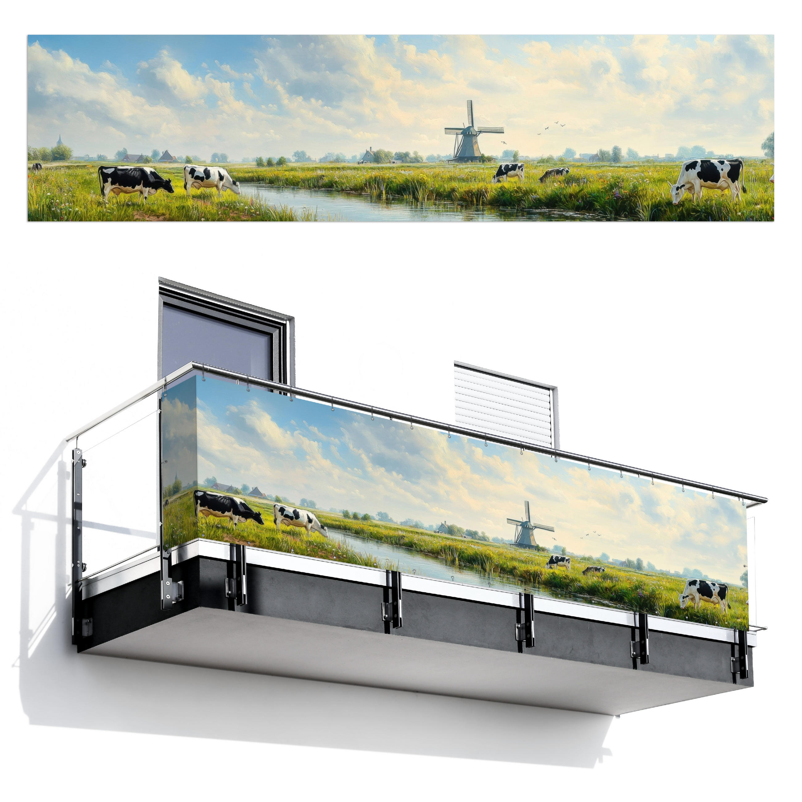 BALKON-SICHTSCHUTZ Kühe - Windmühle - Wiese - Blau - Grün, Kunststoff (500/130cm) - MuchoWow