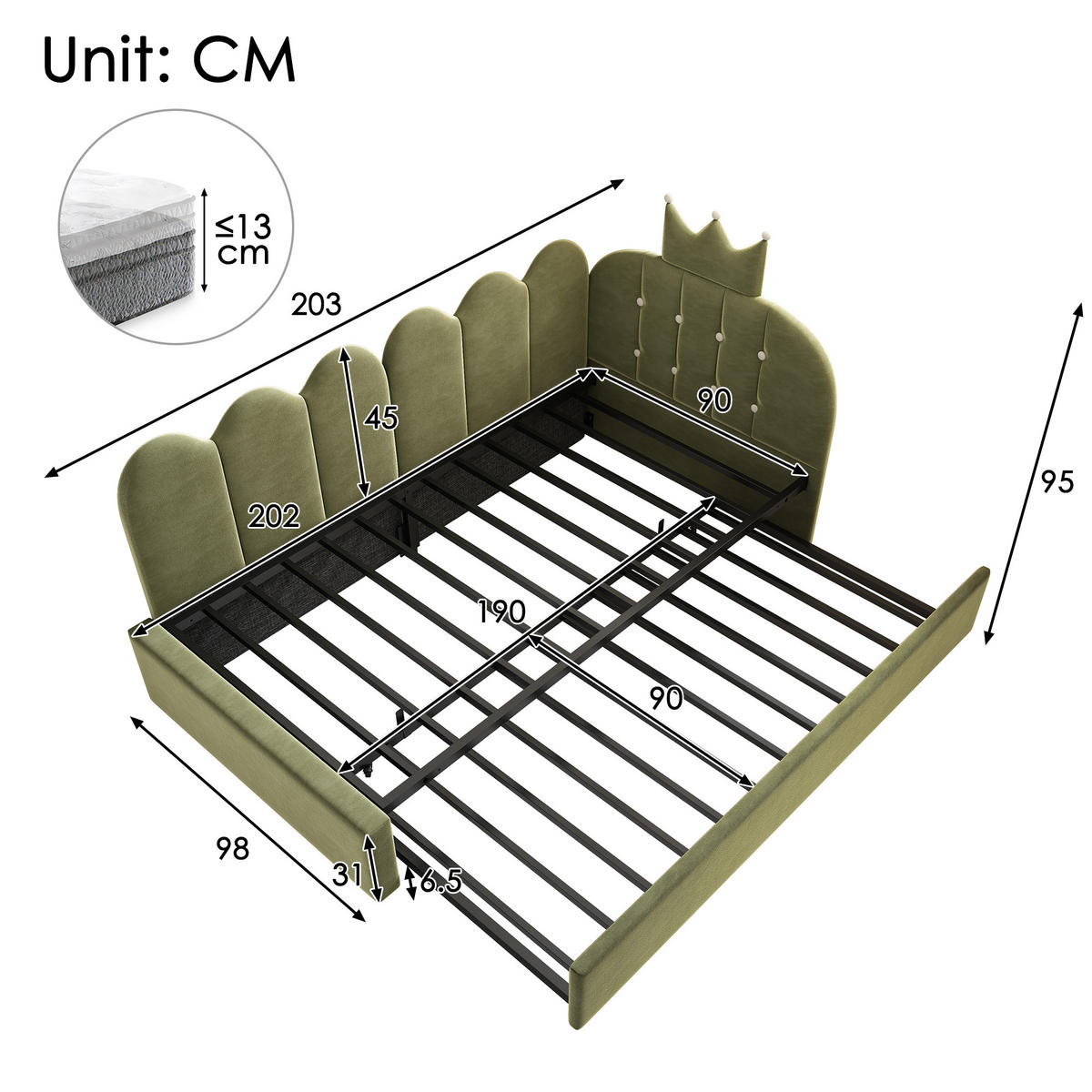KINDERBETT Kindereinzelbetten 90/200 cm mit Ausziehbett 90/190 cm, L-Form, Kronen- und Gitterdesign aus Samt, Grün - Grün, Textil (90/200cm) - Redom