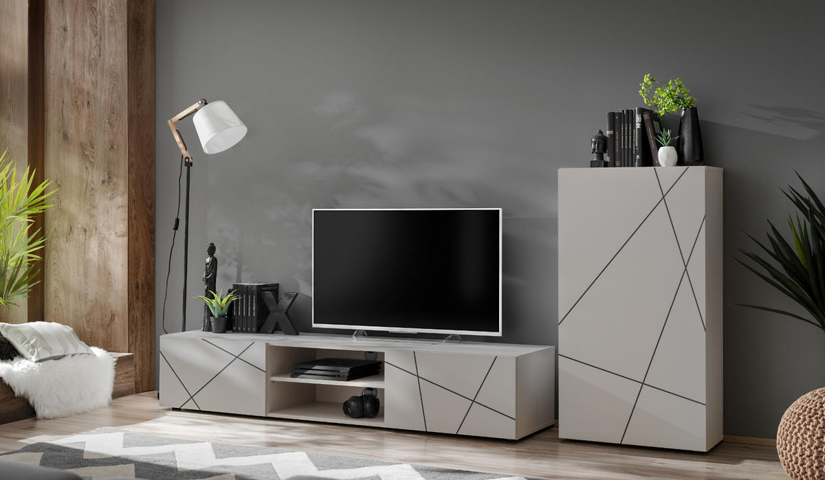 WOHNWAND Kaschmir, schwarz 180 cm, Schrankwand mit Streifendruck, Push-to-Open - Kaschmir/Schwarz, Holzwerkstoff/Kunststoff (180/180/45cm) - Furn.Design