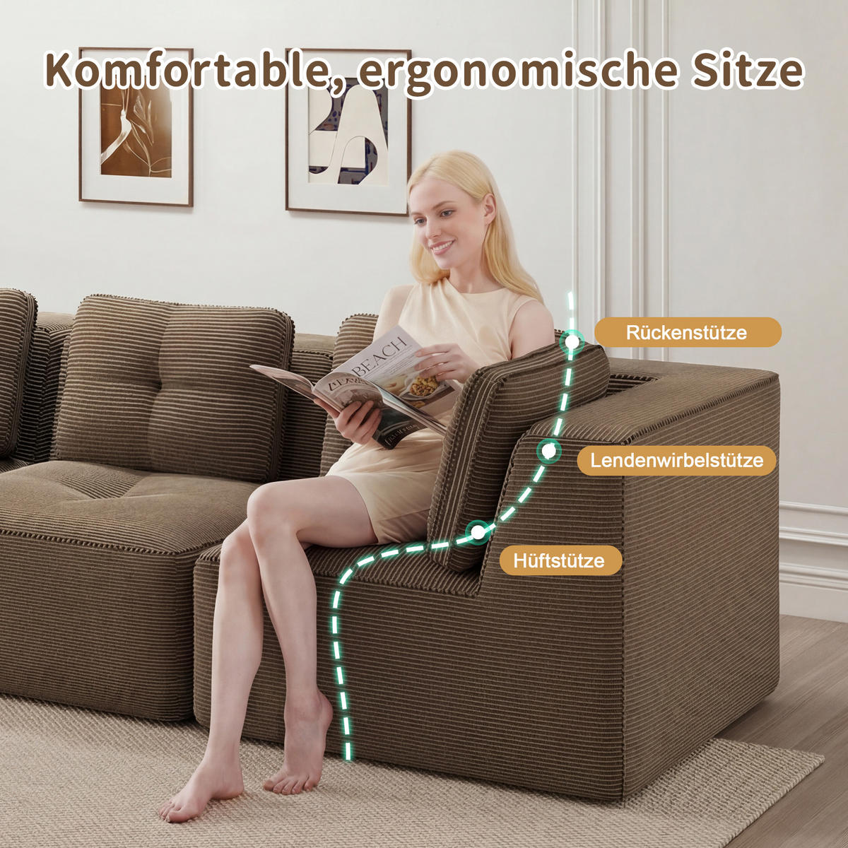2-SITZER Sofa 208x177x69 cm aus Cordstoff rahmenlos modular mit Ottoman, braun - Braun, Textil (177/69/208cm)