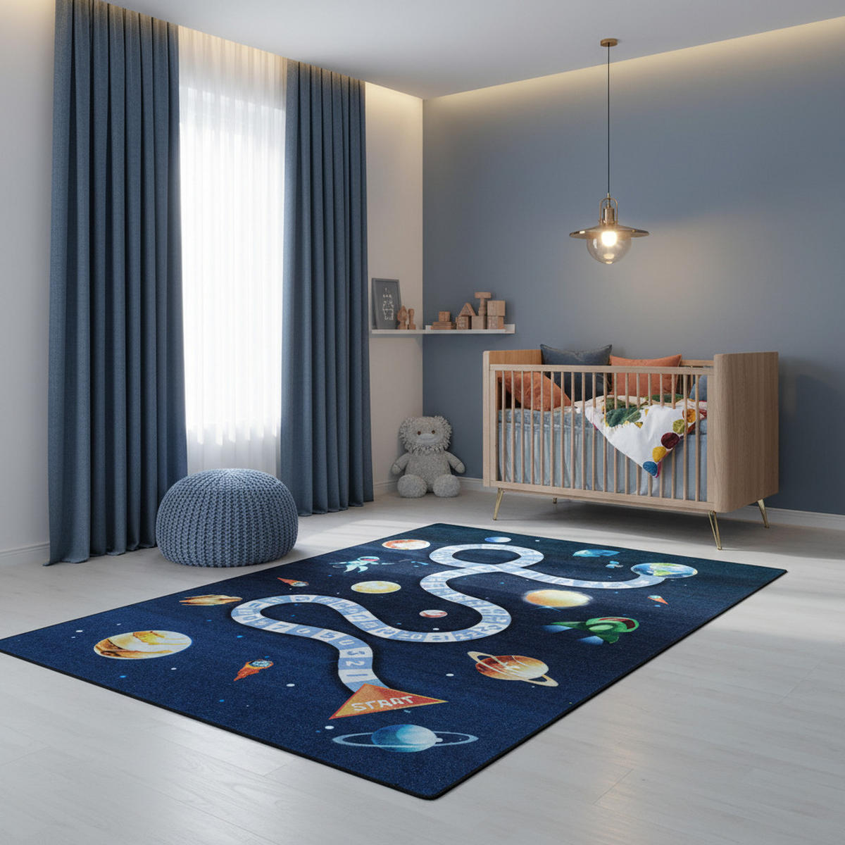 TEPPICH Kinderzimmer Weltraum Bunt Waschbar Spielzimmer Marineblau 100x150 cm – TRAUN - Blau, Textil (100/150cm) - KADIMA DESIGN