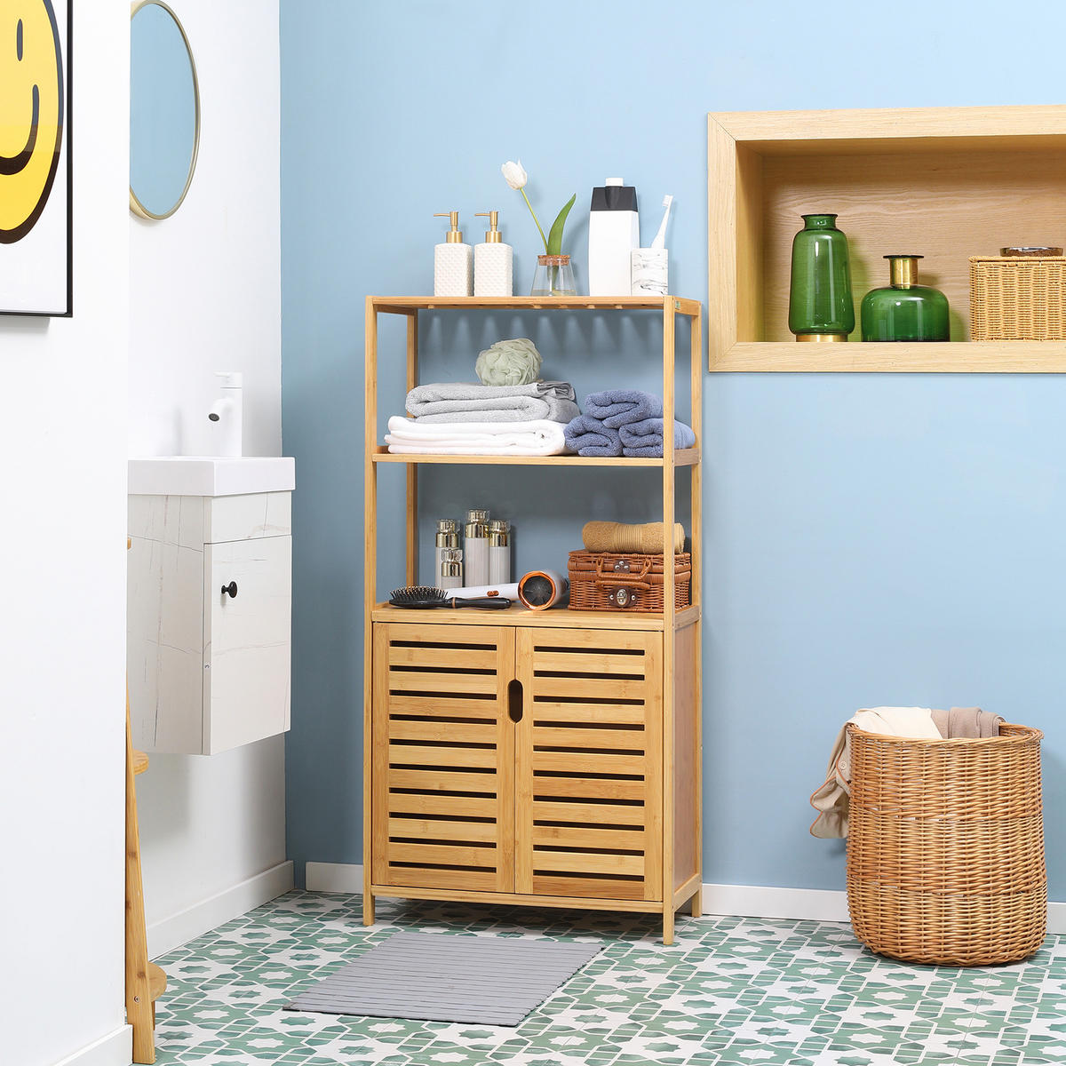 BADEZIMMERSCHRANK Bambus Badschrank hoch mit 2 Lamellentüren, 2 offene Fächern - Naturfarben, Holz (30/120/60cm) - Kleankin