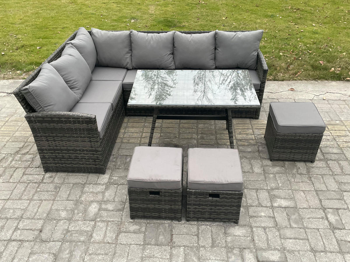 SITZGRUPPE mit Ecksofa 3 Hocker Polyrattan Dunkelgrau 9-Sitzer - Dunkelgrau/Grau, Glas/Kunststoff - Fimous