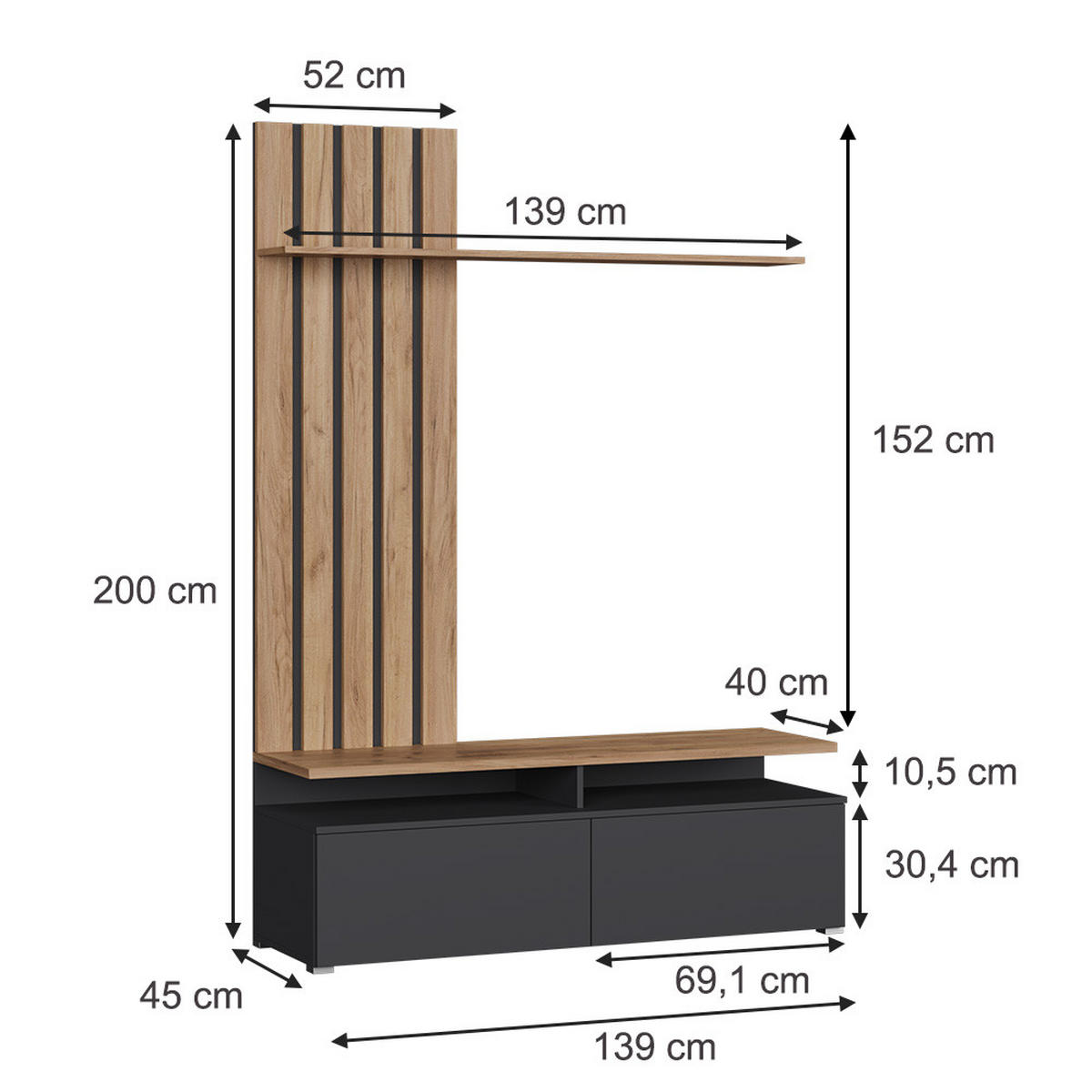 NÁSTĚNNÁ SKŘÍŇKA Harro Zlatý dub power/antracit - medově dubová/antracitová, kompozitní dřevo (139/200/45cm) - Vicco