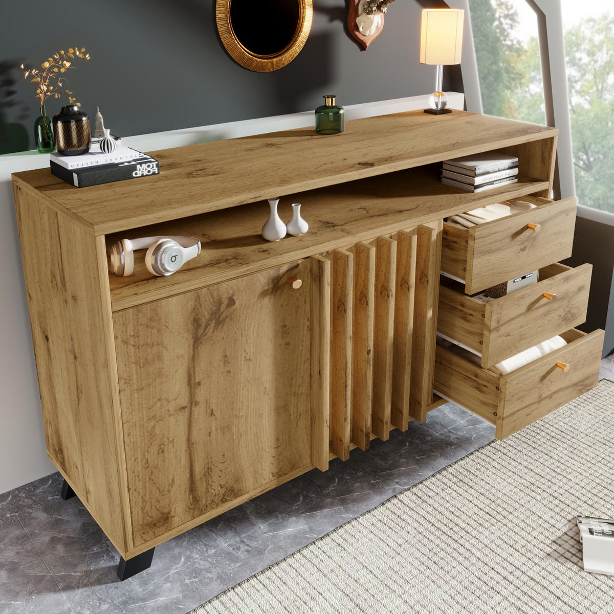 SIDEBOARD 120/40/85 cm in Dunkleiche mit 3 Schubladen und 2 Türen - Braun, Holz (120/85/40cm) - Flora Grace