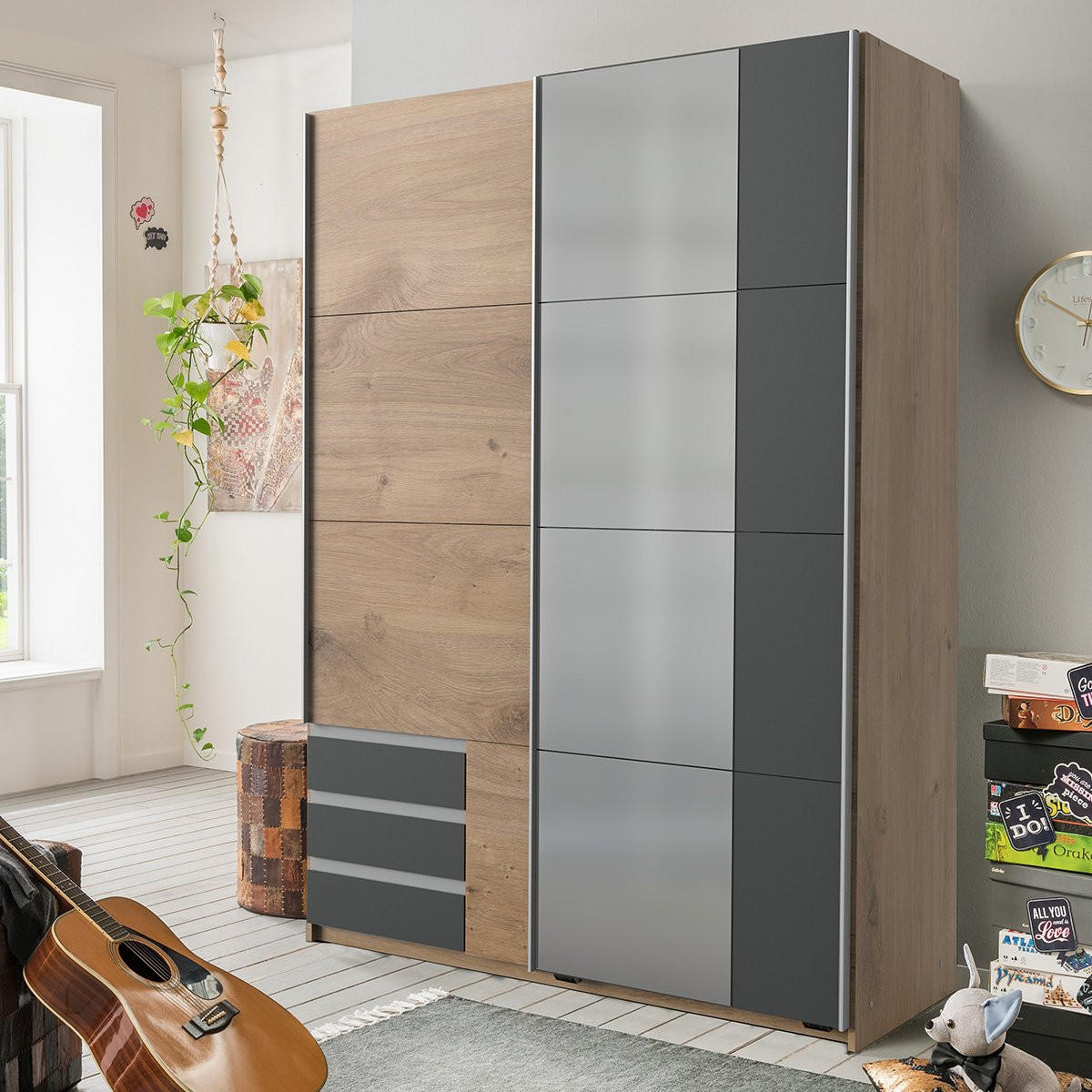 KLEIDERSCHRANK mit 2 Schiebetüren, davon 1 Spiegel - L135 cm - Anthrazit, Holzwerkstoff (65/198/135cm) - Calicosy