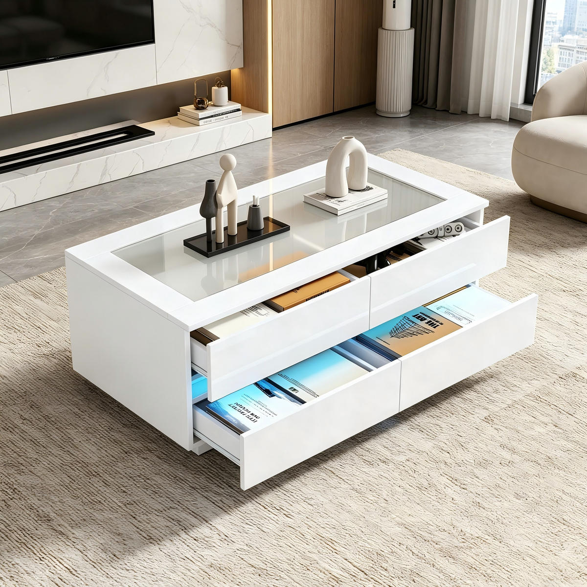 COUCHTISCH in Weiß mit 4 Schubladen und LED-Beleuchtung für Wohnzimmer, B100/T50/H30 cm - Weiß, Glas/Holzwerkstoff (50/100/40cm) - STILVORA