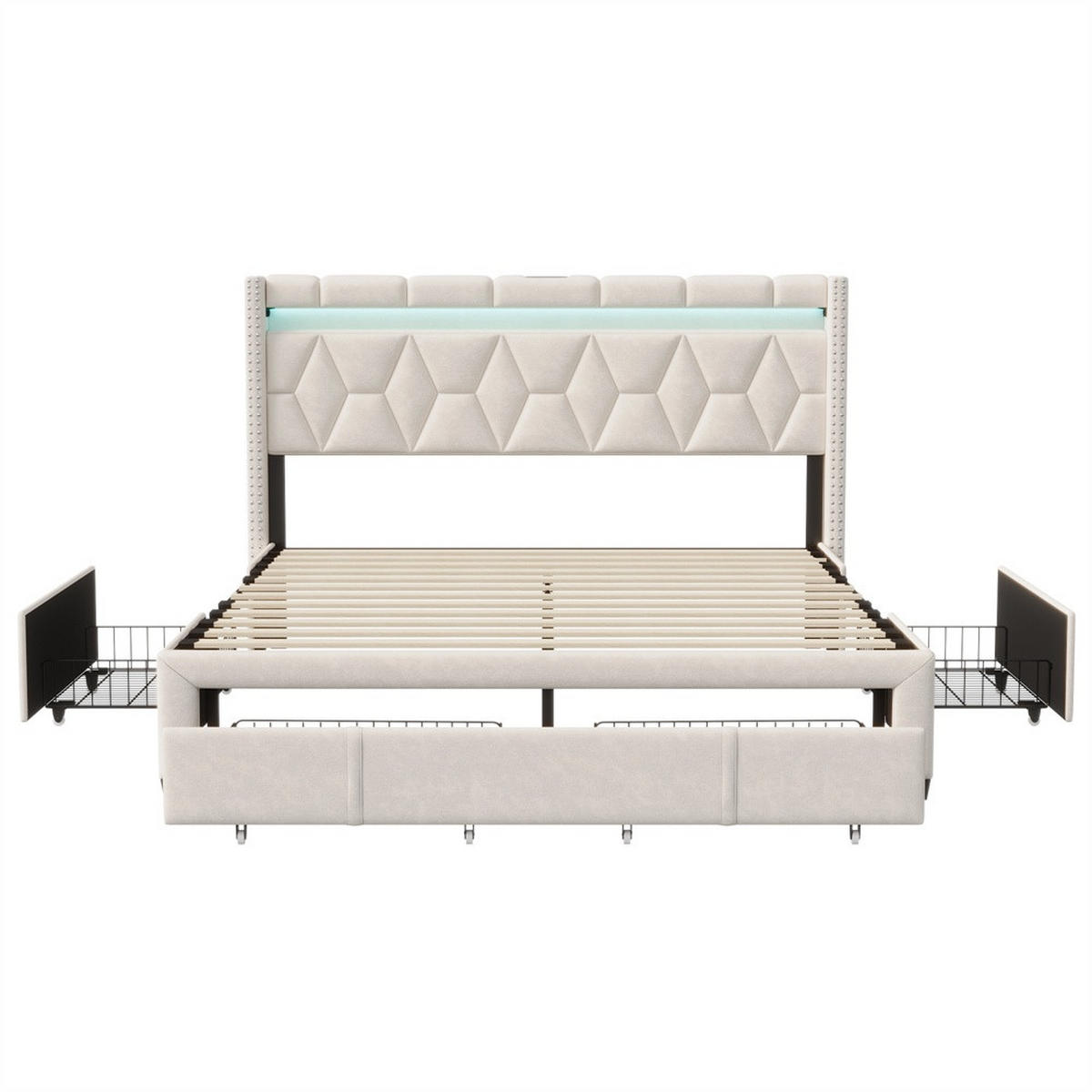 POLSTERBETT 160x200 cm - mit LED-Kopfteil, USB-Ladefunktion und 4 Schubladen - ohne Matratze - Beige - Beige, Textil (160/200cm) - DELFA