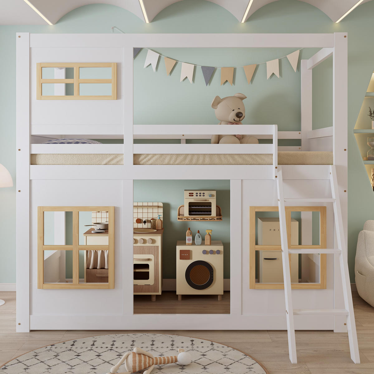 ETAGENBETT 90/200 cm weiß und natur aus Kiefer mit Fenstern - Weiß, Holz (90/200cm) - OKWISH