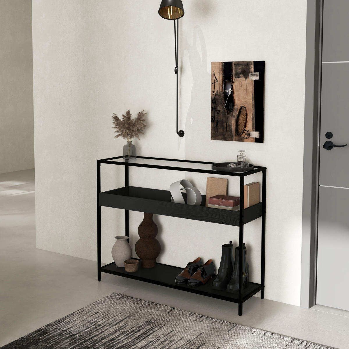KONSOLENTISCH mit 2 Regalen, 100L x 30B x 78Hcm - Schwarz, Kunststoff/Metall (100/30/78cm) - HOMCOM