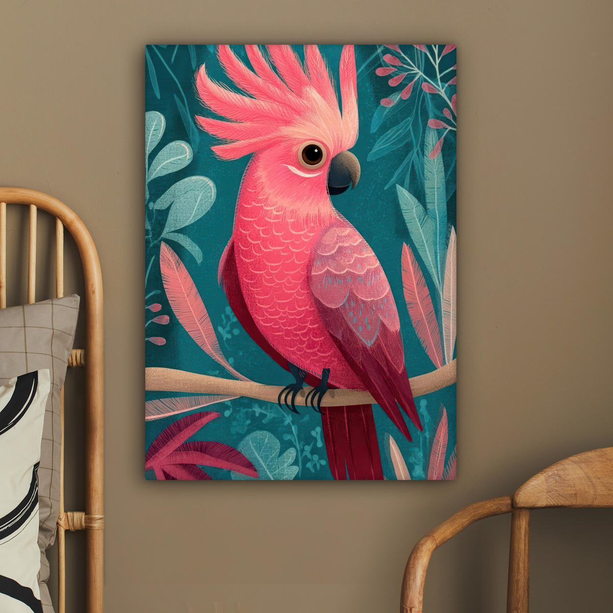 LEINWANDBILD Kakadu - Tropische Blätter - Zweig Wandbild Wohnzimmer 60x80 cm - Petrol, Textil (60/80cm) - MuchoWow