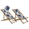 GARTENLIEGE 2er-Set hellbraun Textil weiß/blau Blättermotiv Anzio - Hellbraun/Weiß, Textil (54/70/97cm) - Beliani