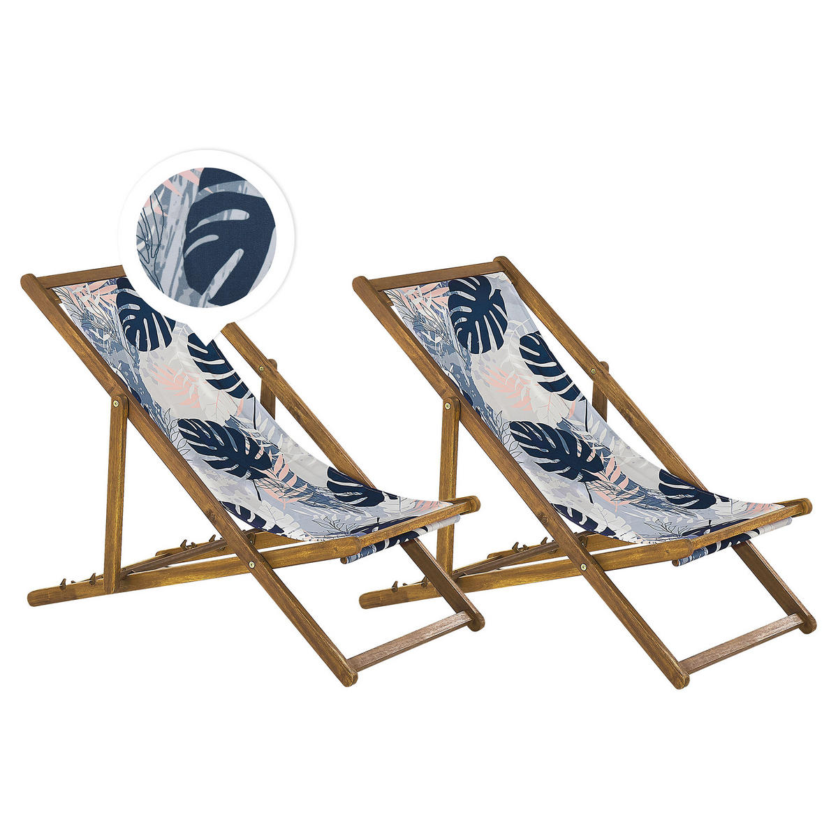 GARTENLIEGE 2er-Set hellbraun Textil weiß/blau Blättermotiv Anzio - Hellbraun/Weiß, Textil (54/70/97cm) - Beliani