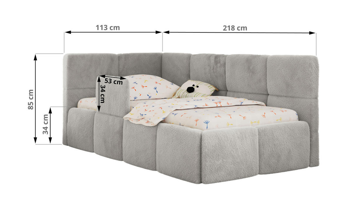 DĚTSKÁ POSTEL ARVO ALTA 90/200 - Světle šedá Plyš - Pravá - světle šedá, textil (90/200cm) - MKS