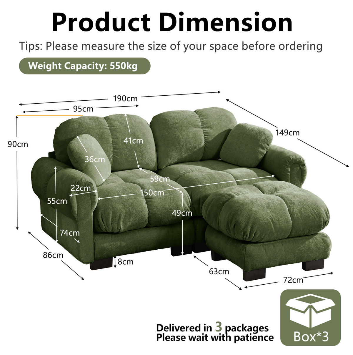 ECKSOFA 2-Sitzer mit Ottomane Chenille Grün - Grün, Holz (149/190cm) - Meubliv