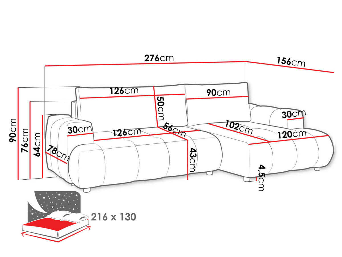 ECKSOFA Haiti, Seite: Links LC+2R - Anthrazit/Schwarz, Holz/Textil (276/156cm) - MIRJAN24