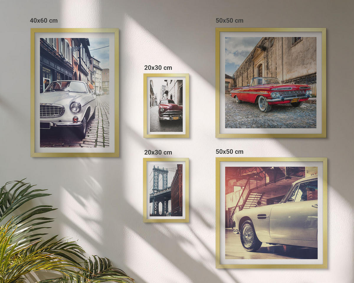 BILDER SET 5er Set - 50x50 cm & 20x30 cm & 40x60 cm Goldrahmen - Oldtimer in Städten - Goldfarben, Kunststoff (40/60cm) - TULUP
