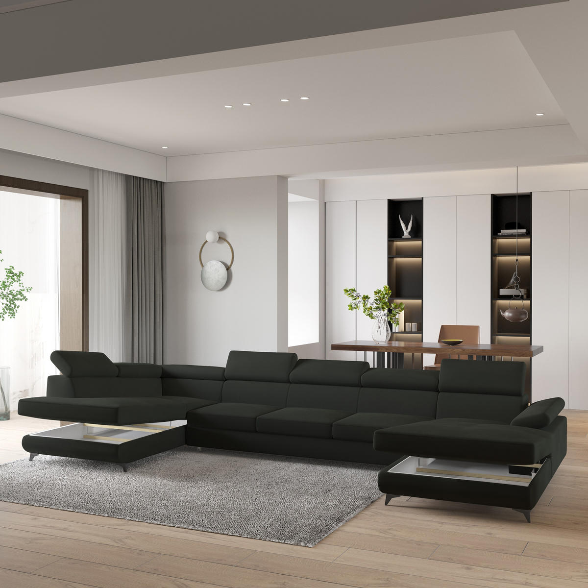 WOHNLANDSCHAFT MONTIVA Schwarz Velours-Stoff mit Schlaffunktion - Schwarz, Holz (410/89/190cm) - MASSENO