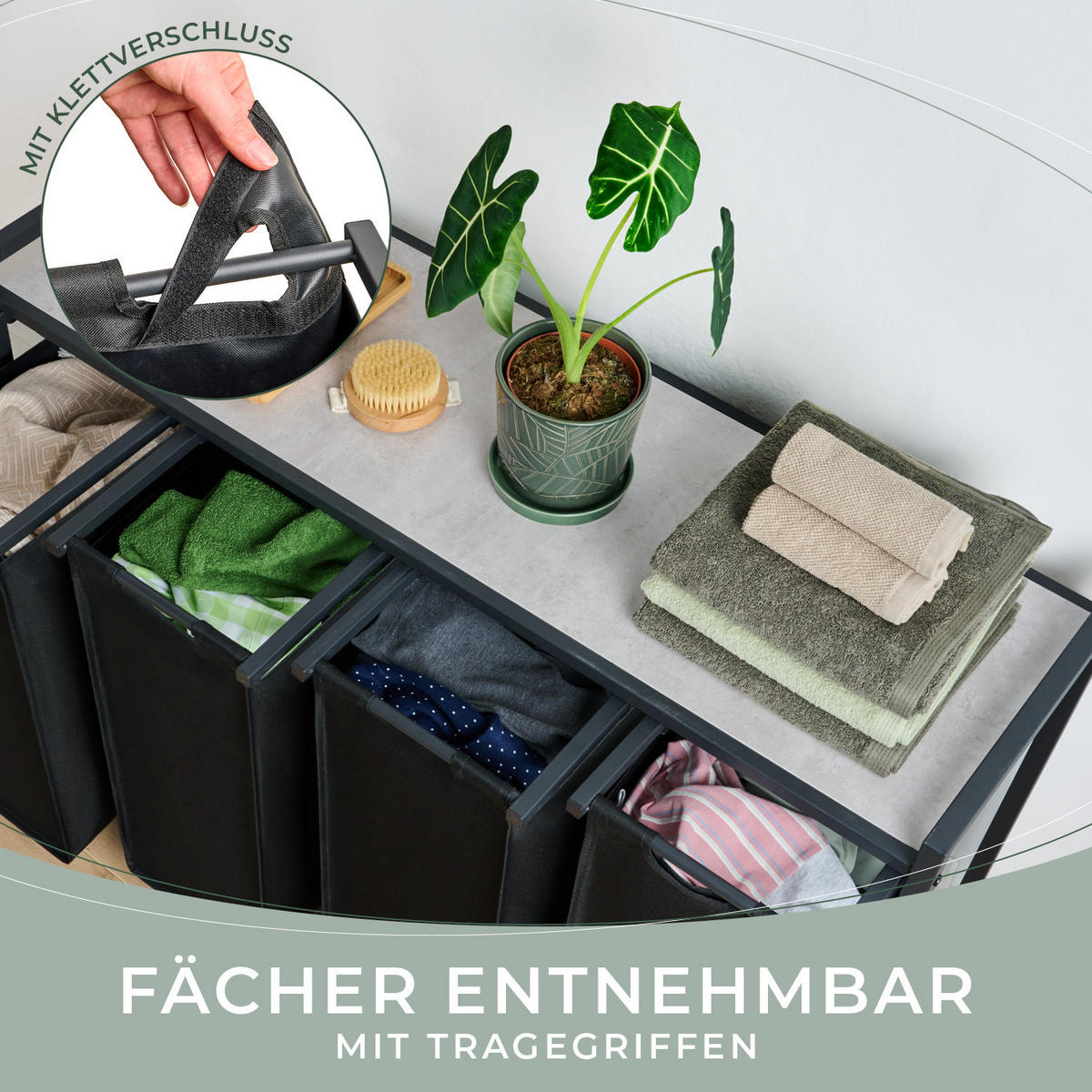 WÄSCHESAMMLER 4 Fächer Schwarz - Wäschekorb mit Ablage in Beton-Optik - Wäschesortierer 4 Fächer - Schwarz, Textil (110.5/73/36cm) - Blumtal