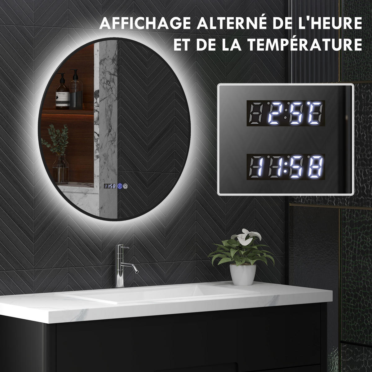 BADEZIMMERSPIEGEL,EINSTELLBARER Helligkeit,Touch-Schalter,70cm Durchmesser,schwarz - Schwarz, Glas (3/70/70cm) - Vallsero