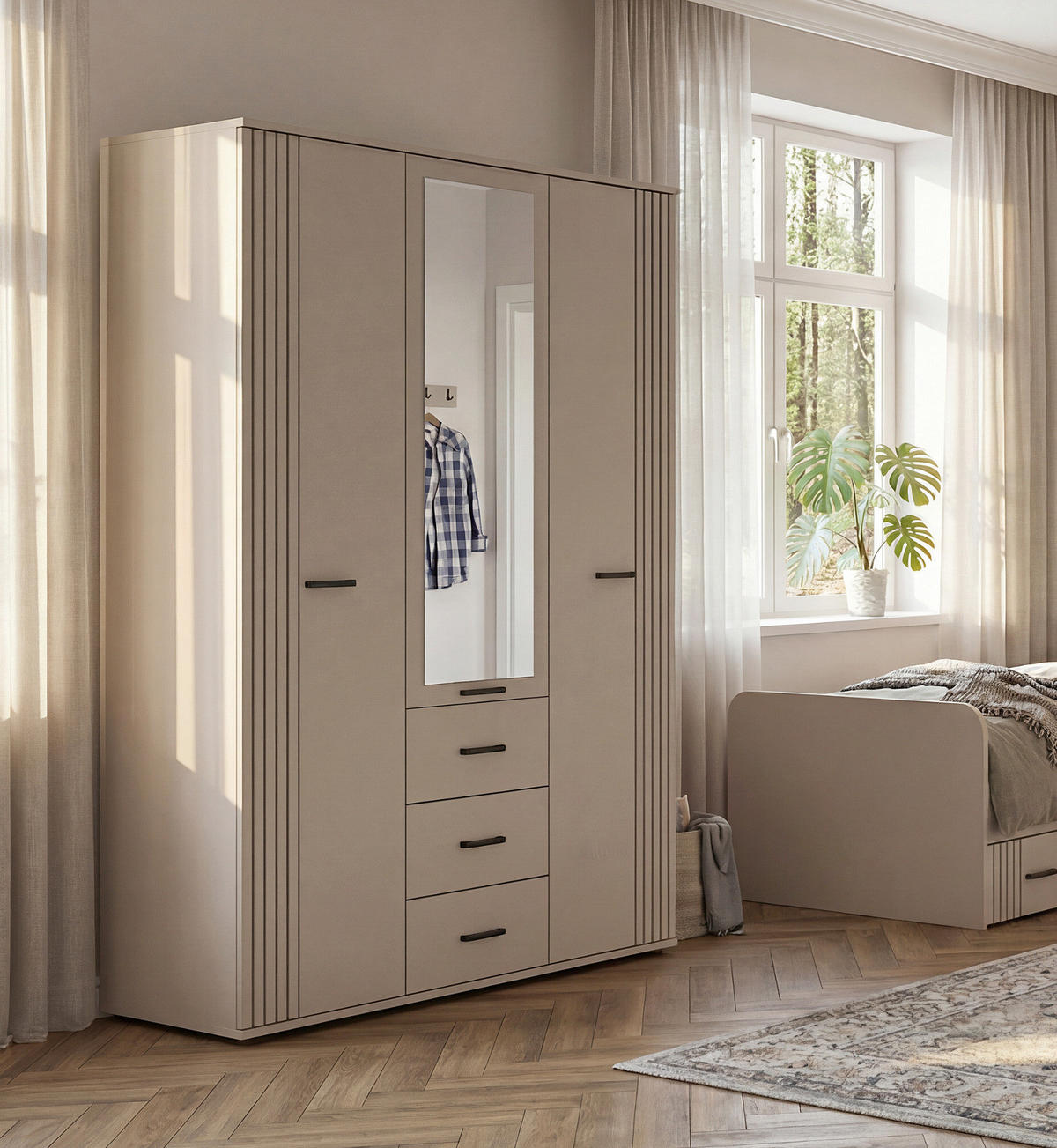 KLEIDERSCHRANK Kaschmir 3-türig 135 x 190 cm, Drehtürenschrank mit Spiegel - Kaschmir/Schwarz, Holzwerkstoff/Kunststoff (135/190/55cm) - Inn.Furn